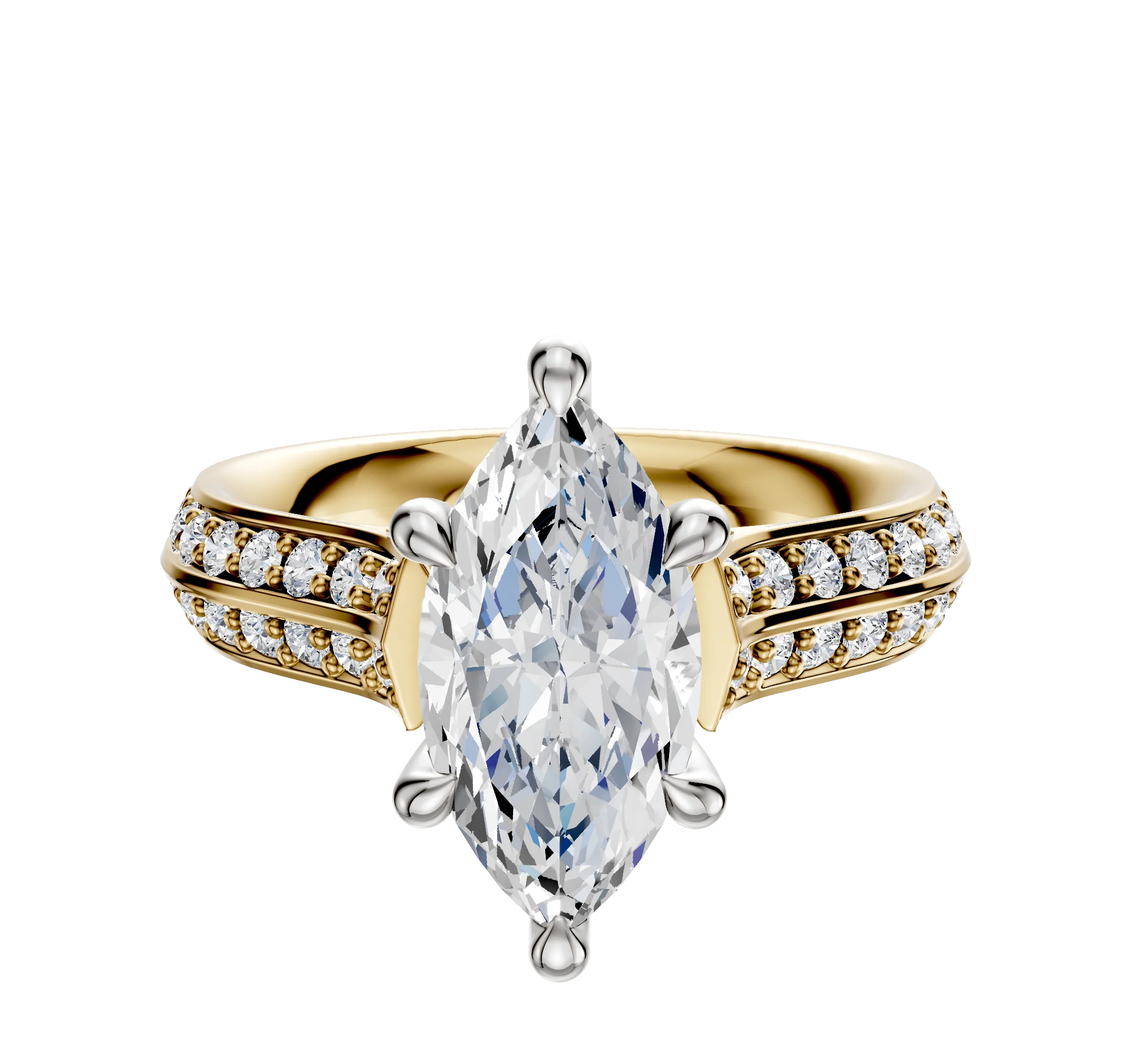 18K Two Tone 6 Prong Hidden Halo Cathedral Knife Edge 1-Row-Pave 2.5mm Engagement Ring