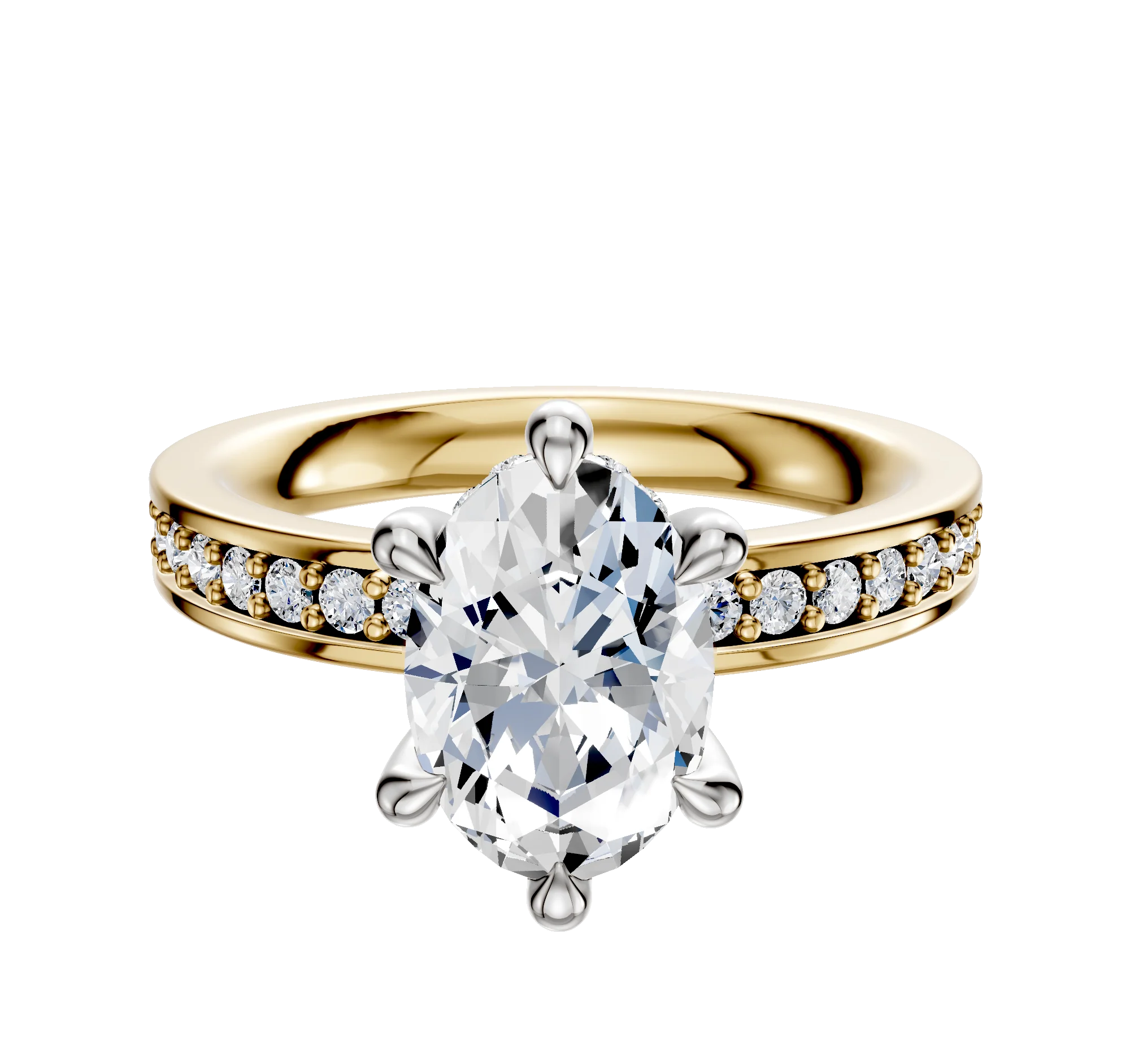 18K Two Tone 6 Prong Hidden Halo Classic Flat 1-Row-Pave 2.5mm Engagement Ring