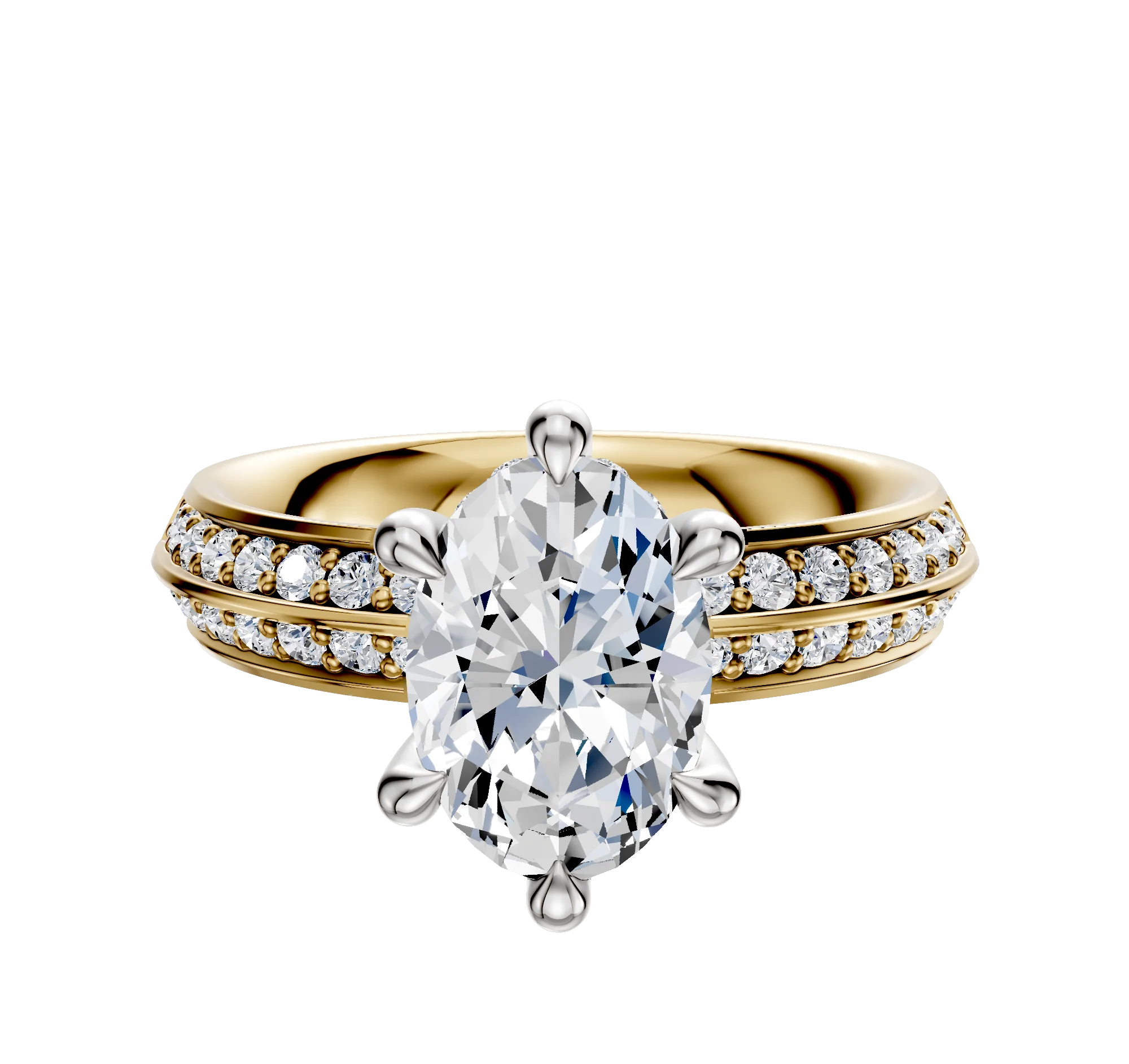 18K Two Tone 6 Prong Hidden Halo Classic Knife Edge 1-Row-Pave 2.5mm Engagement Ring