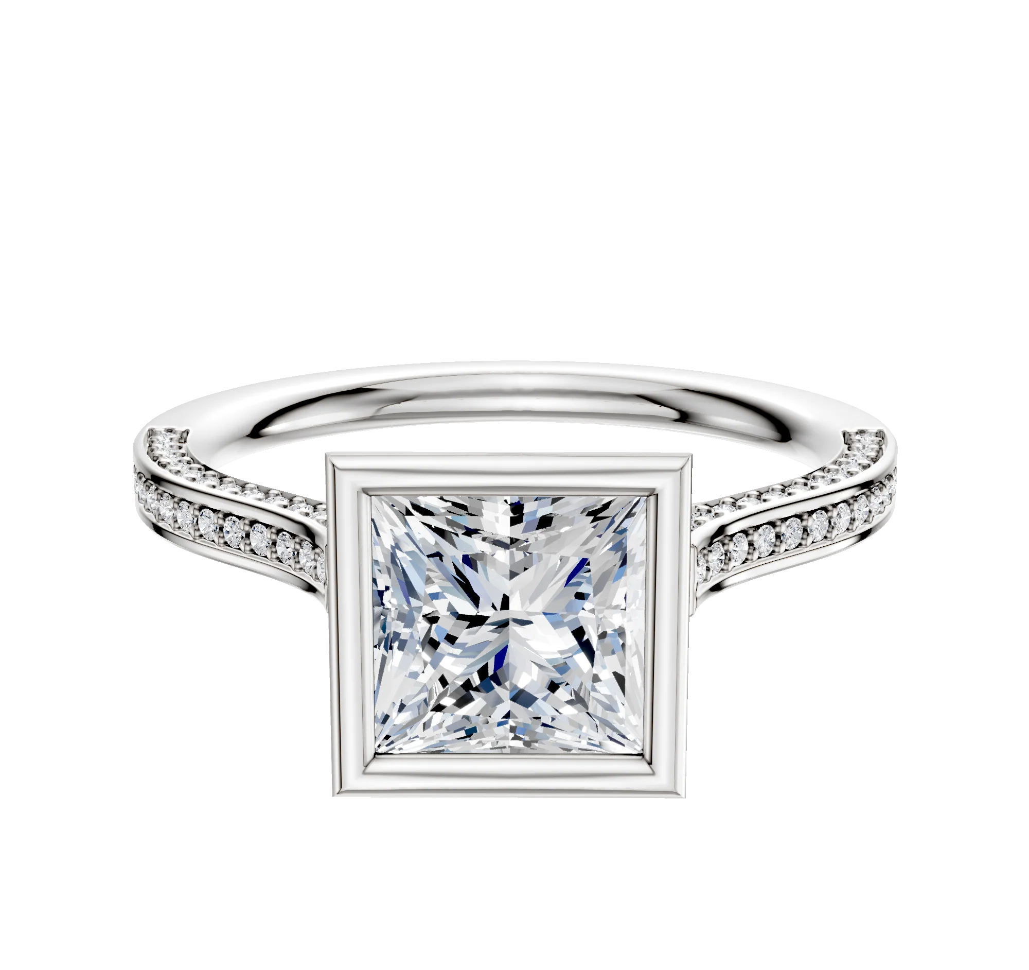 18K Two Tone Bezel Full Bezel North/South Cathedral Flat 3-Row-Pave 2.0mm Engagement Ring