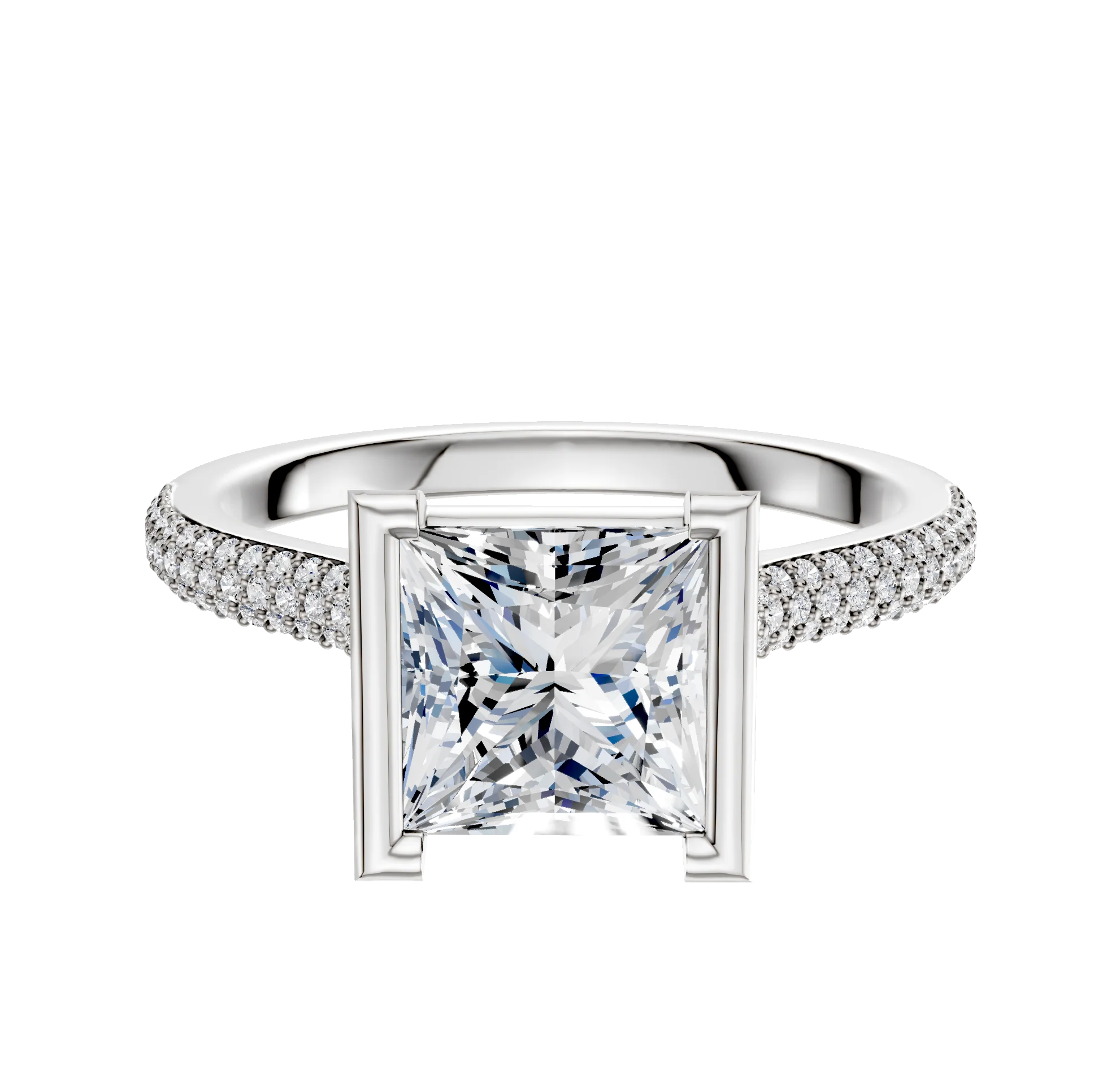 18K Two Tone Bezel Half Bezel North/South Cathedral Dome 3-Row-Pave 2.0mm Engagement Ring