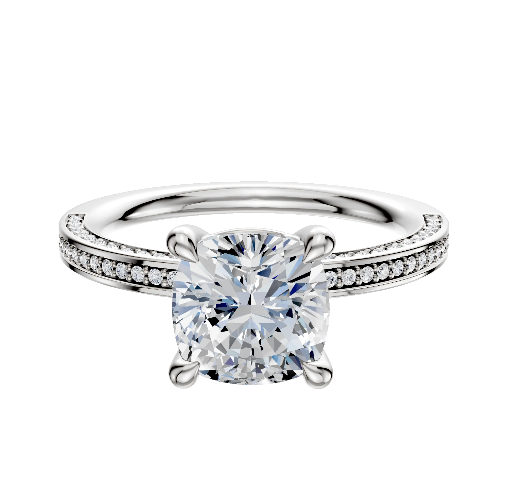 18K White Gold 4 Prong Basket Classic Flat 3-Row-Pave 2.0mm Engagement Ring