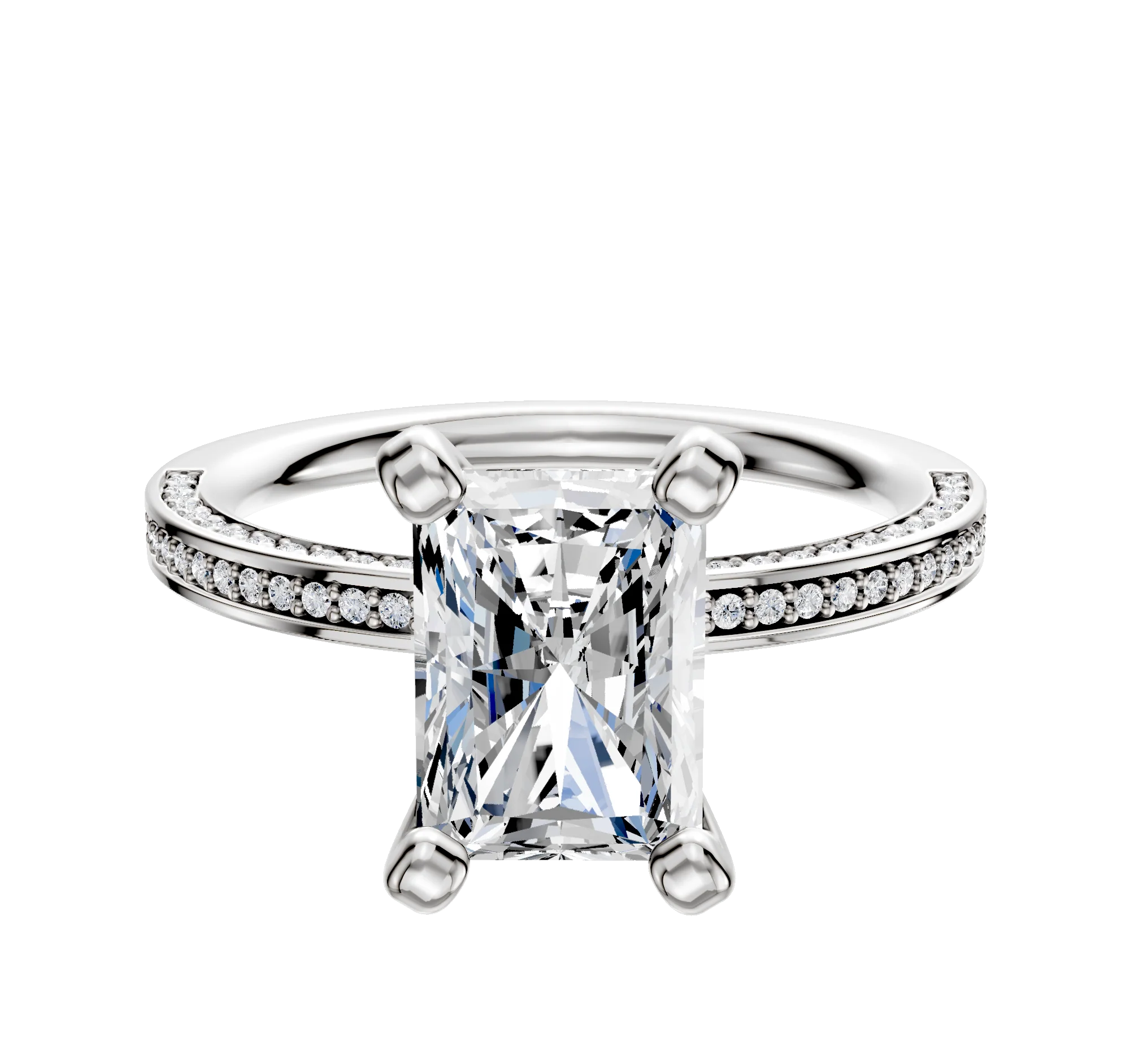 18K White Gold 4 Prong Classic Flat 3-Row-Pave 2.0mm Engagement Ring