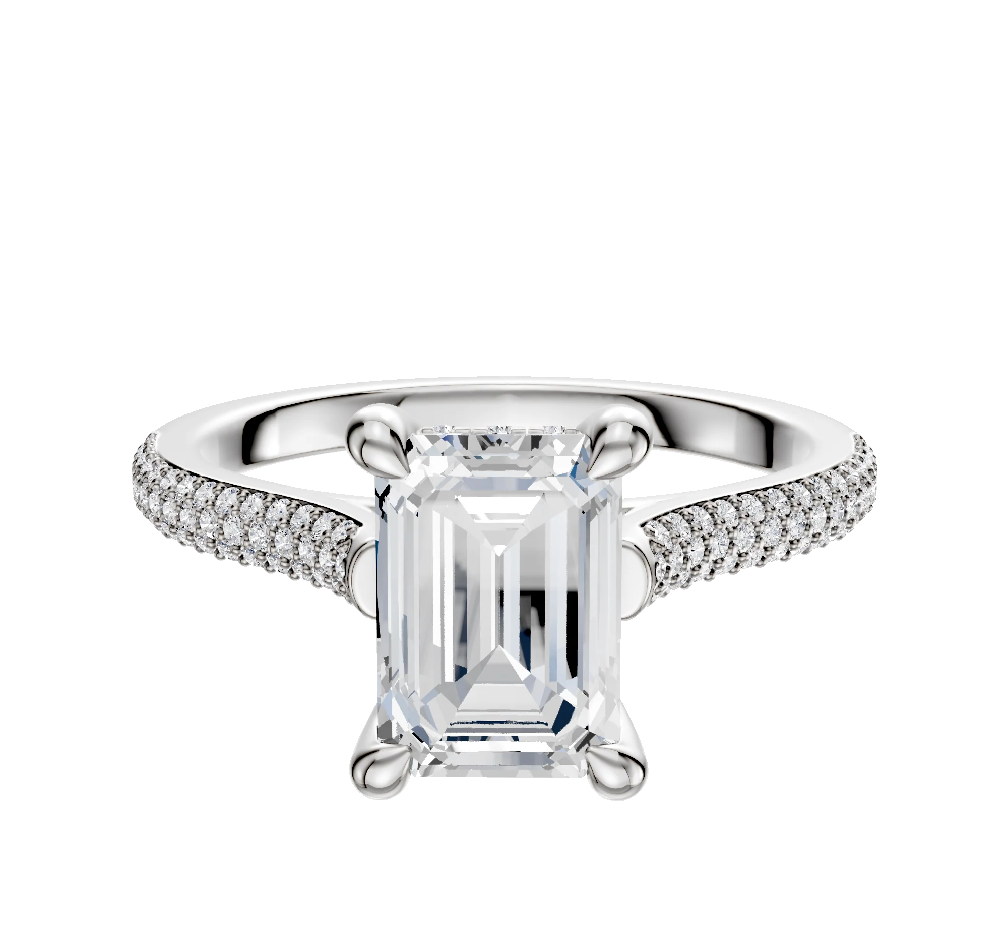 18K White Gold 4 Prong Hidden Halo Cathedral Dome 3-Row-Pave 2.0mm Engagement Ring