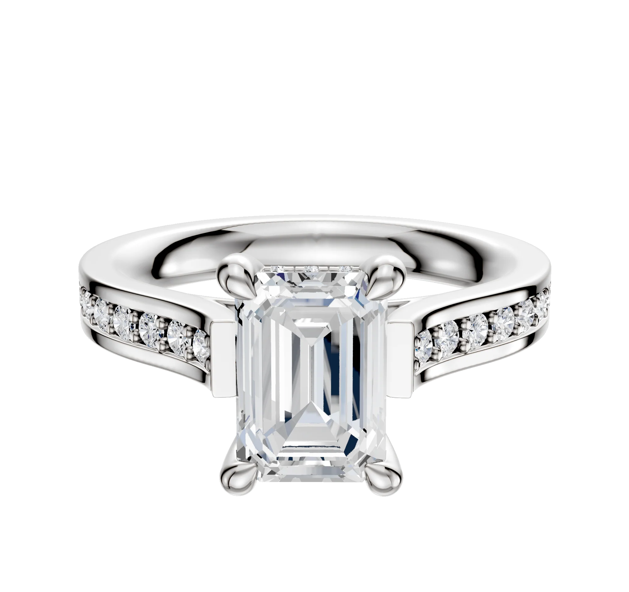 18K White Gold 4 Prong Hidden Halo Cathedral Flat 1-Row-Pave 2.5mm Engagement Ring