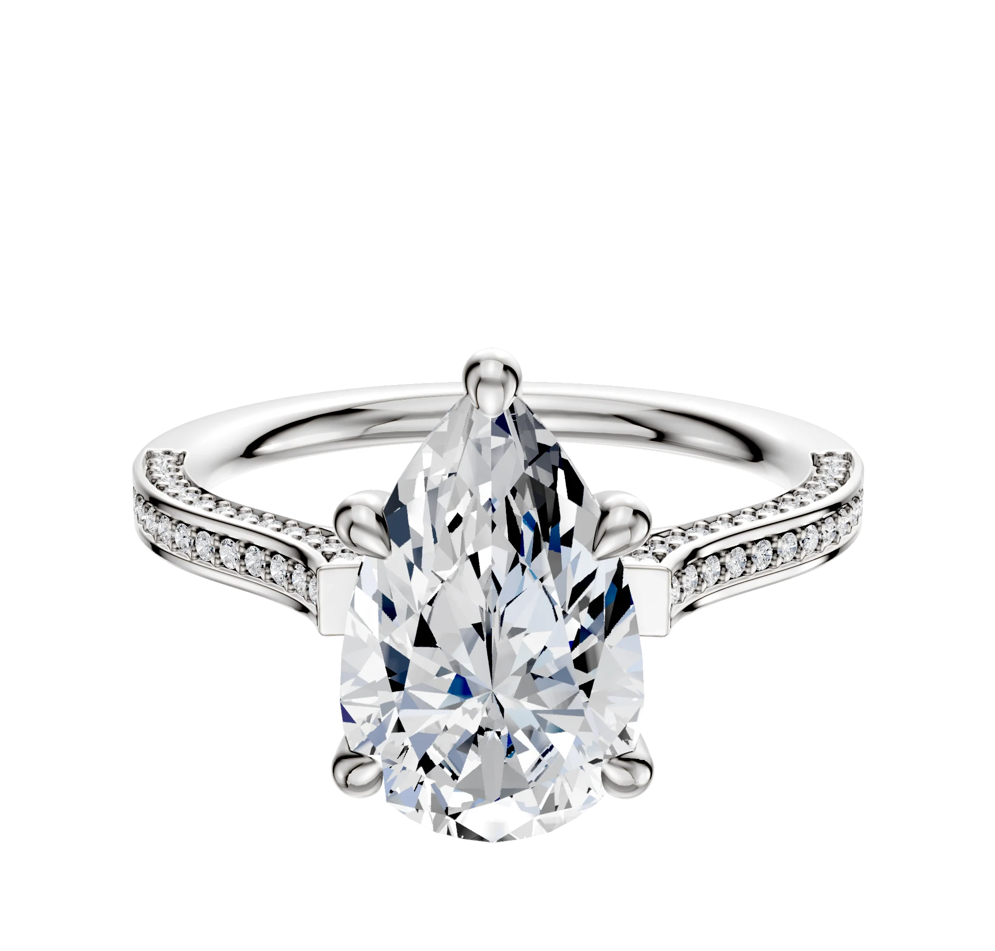 18K White Gold 4 Prong Hidden Halo Cathedral Flat 3-Row-Pave 2.0mm Engagement Ring