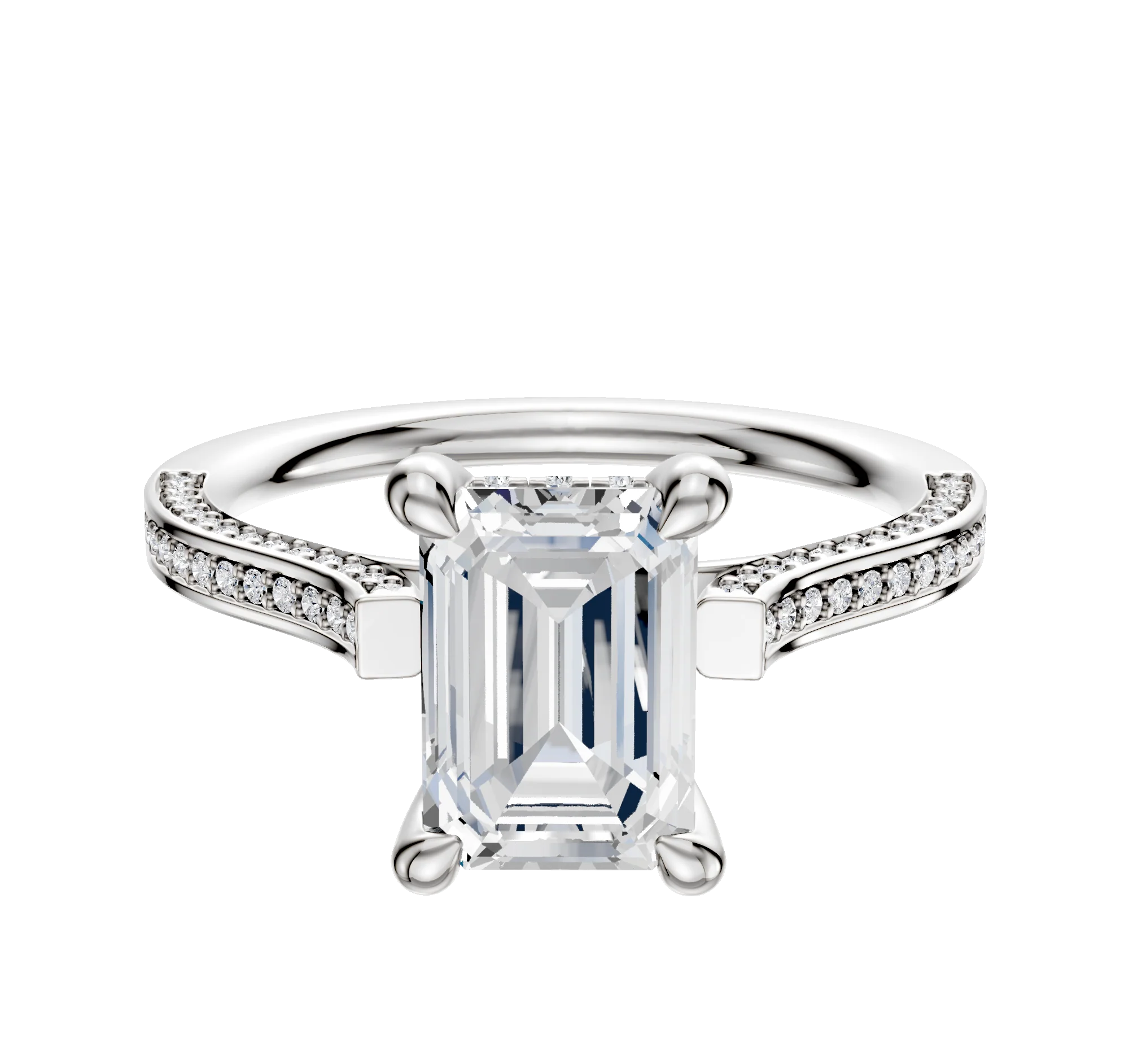 18K White Gold 4 Prong Hidden Halo Cathedral Flat 3-Row-Pave 2.0mm Engagement Ring