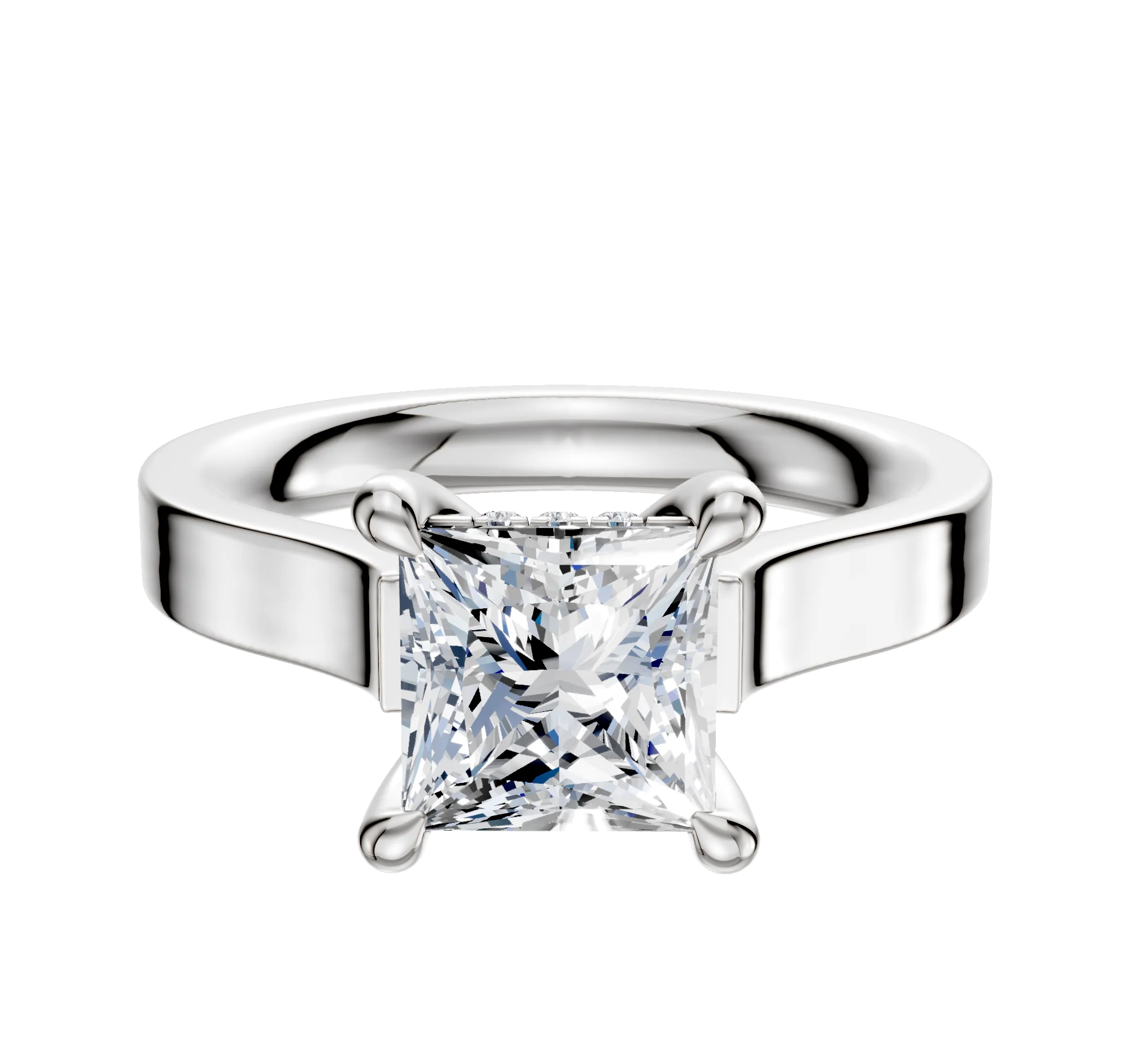 18K White Gold 4 Prong Hidden Halo Cathedral Flat 3.0mm Engagement Ring