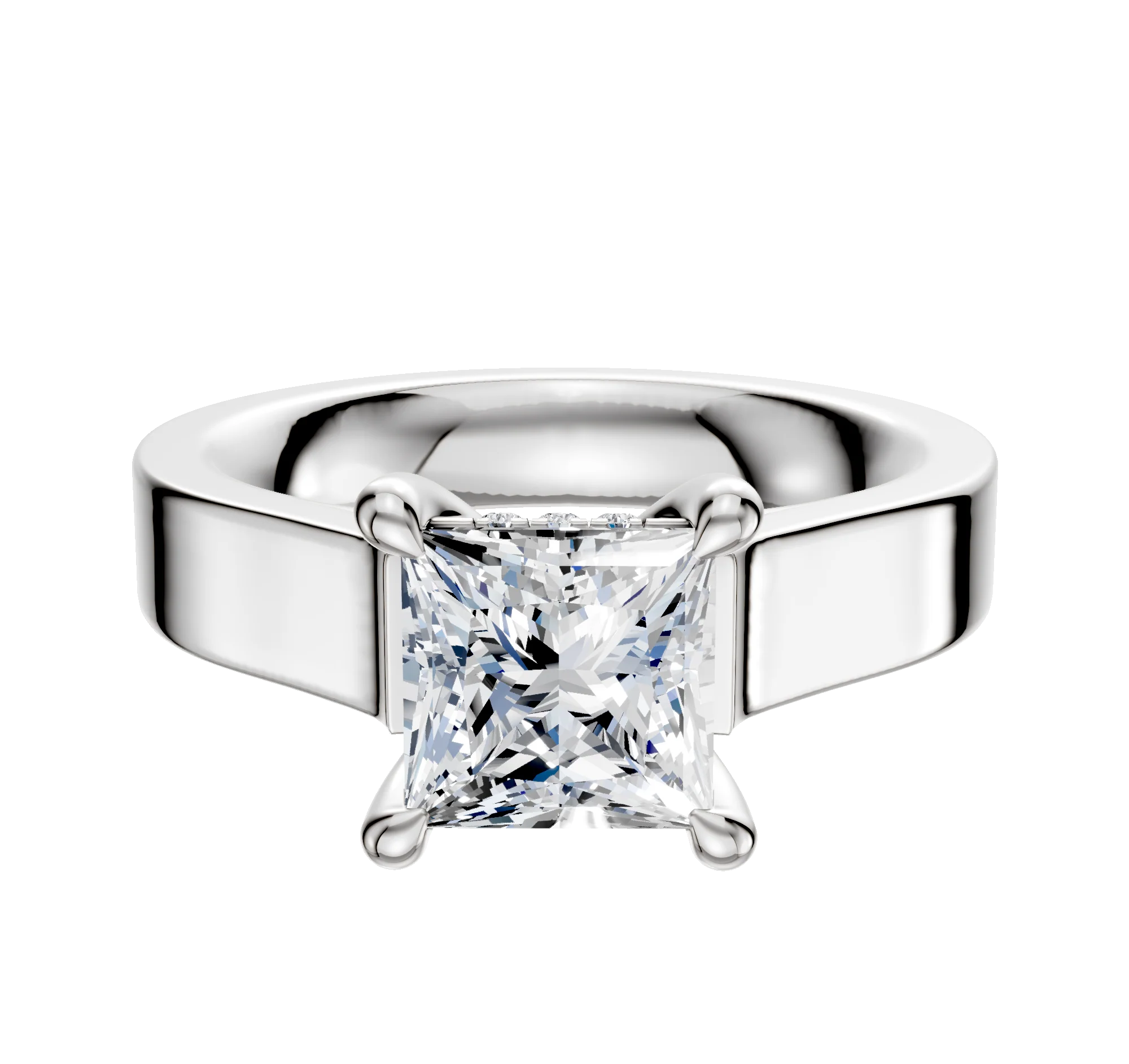 18K White Gold 4 Prong Hidden Halo Cathedral Flat 4.0mm Engagement Ring