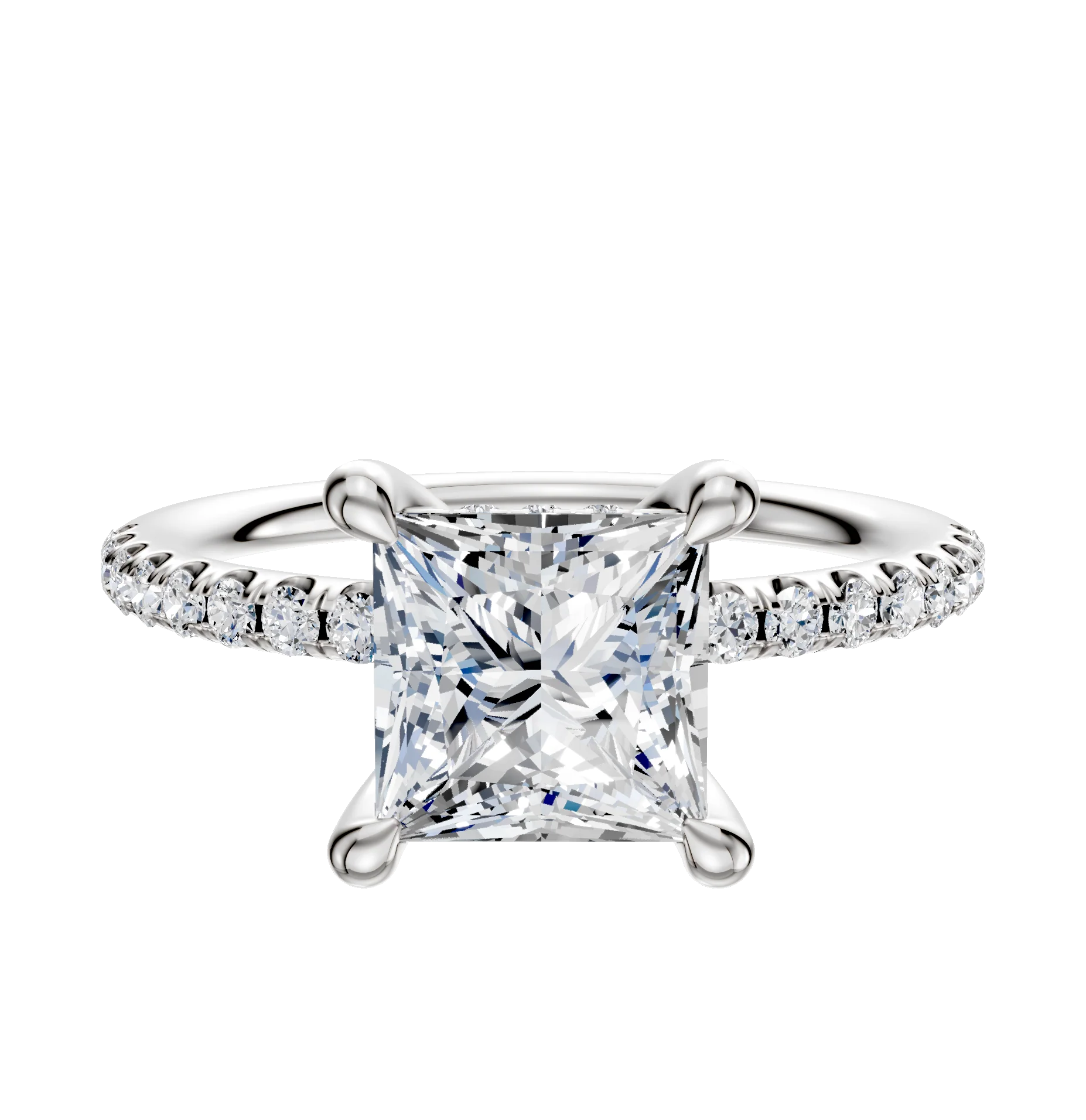 18K White Gold 4 Prong Hidden Halo Classic Dome 1-Row-Pave 2.5mm Engagement Ring