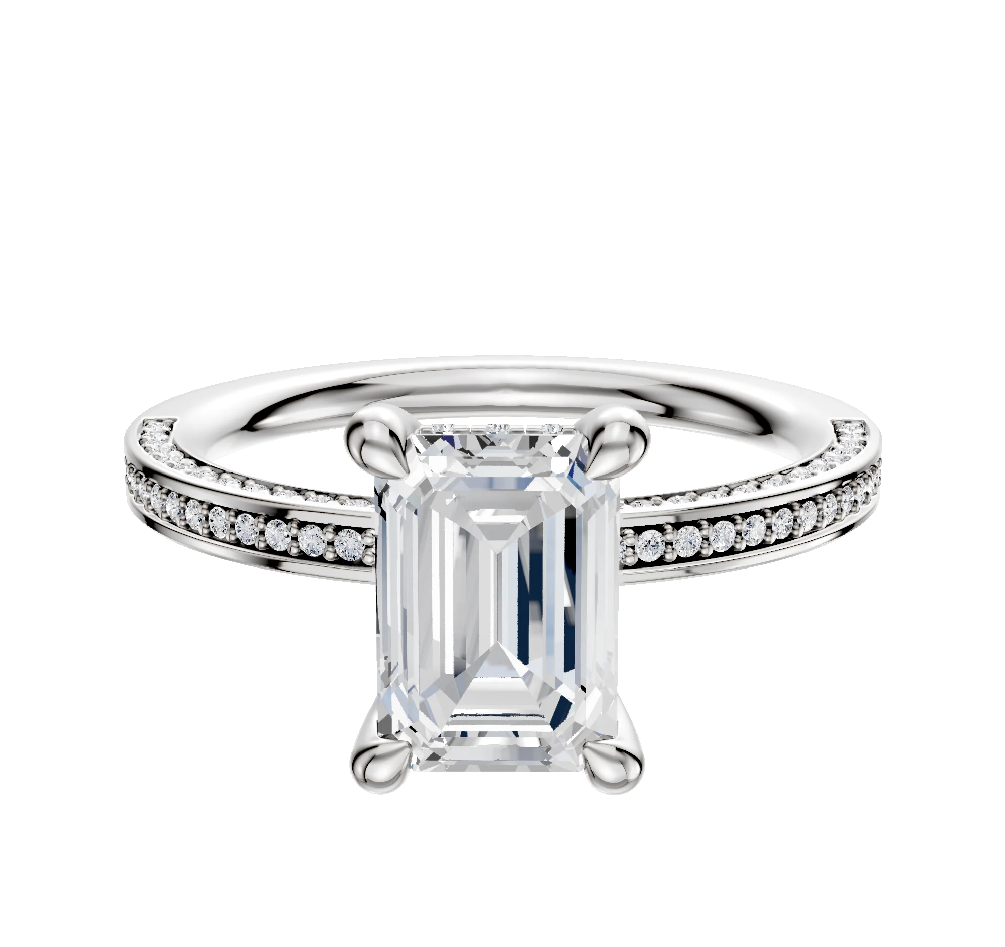 18K White Gold 4 Prong Hidden Halo Classic Flat 3-Row-Pave 2.0mm Engagement Ring