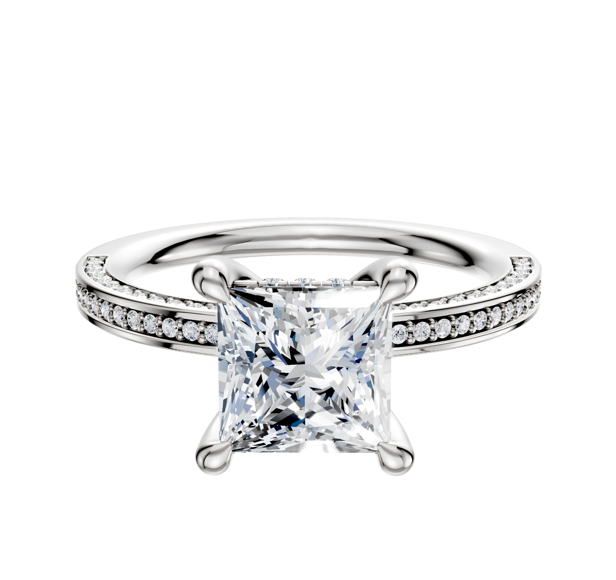 18K White Gold 4 Prong Hidden Halo Classic Flat 3-Row-Pave 2.0mm Engagement Ring