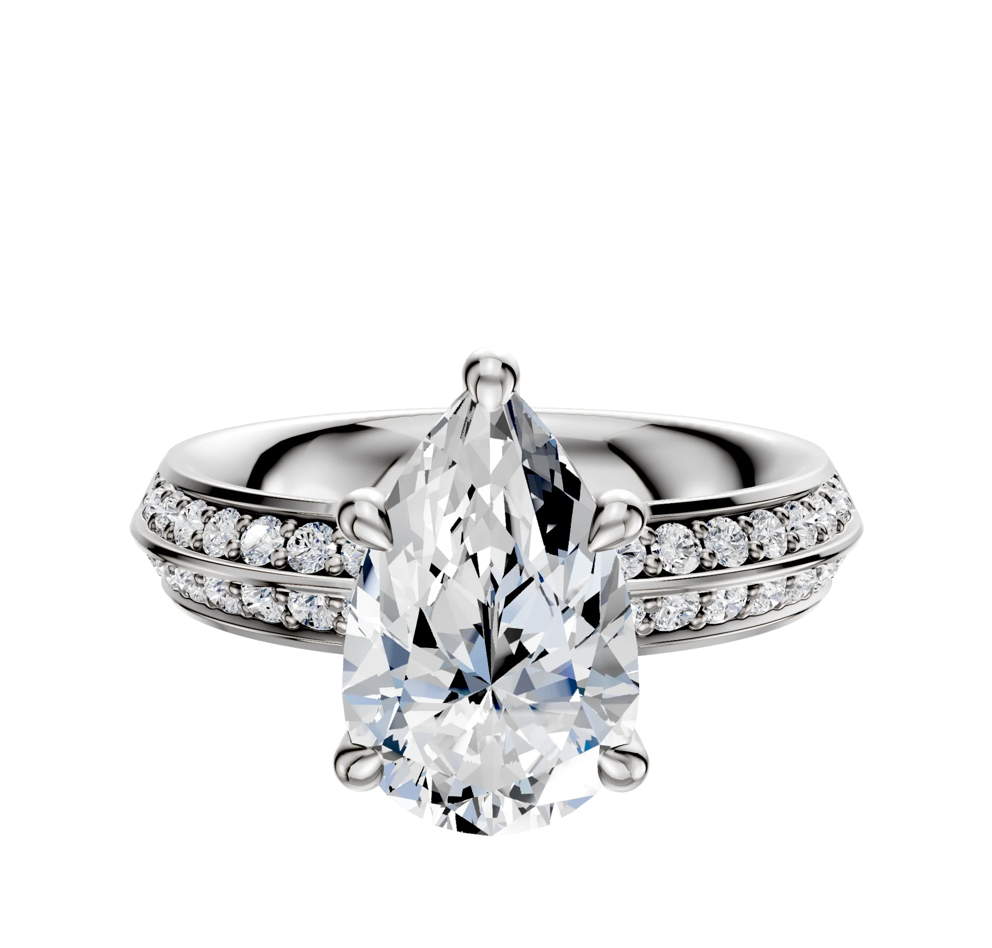 18K White Gold 4 Prong Hidden Halo Classic Knife Edge 1-Row-Pave 2.5mm Engagement Ring