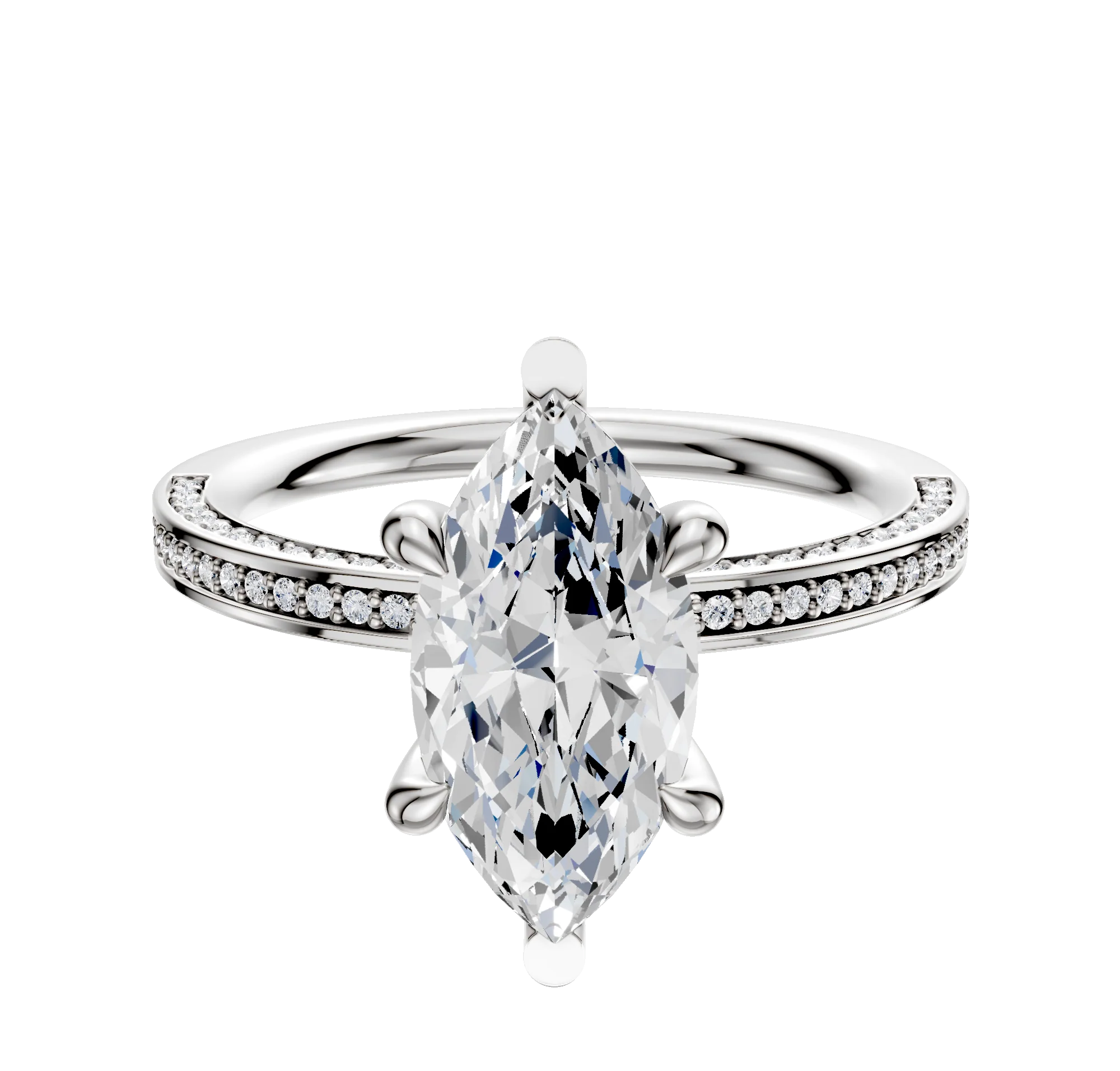 18K White Gold 6 Prong Basket Classic Flat 3-Row-Pave 2.0mm Engagement Ring