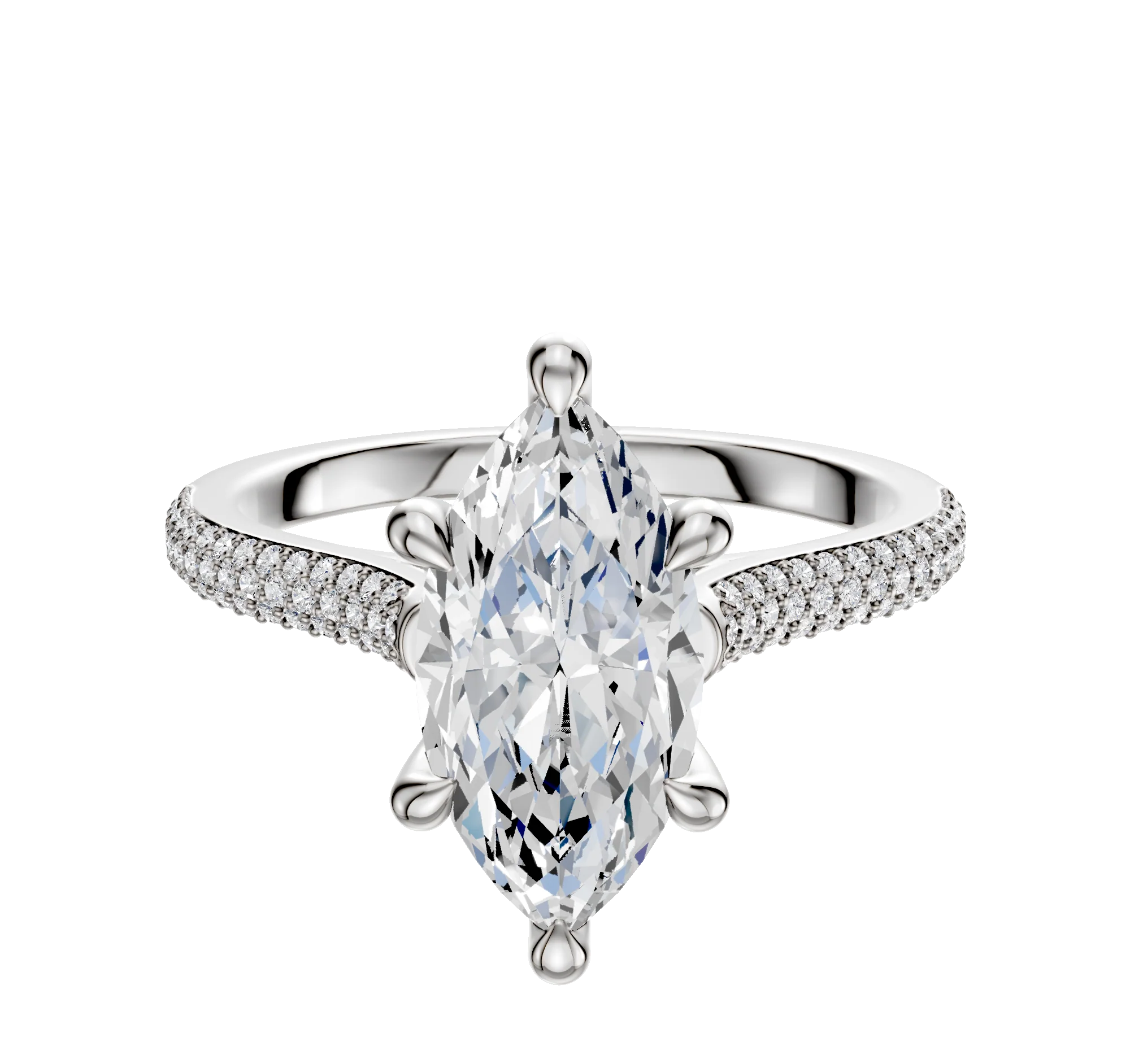 18K White Gold 6 Prong Hidden Halo Cathedral Dome 3-Row-Pave 2.0mm Engagement Ring