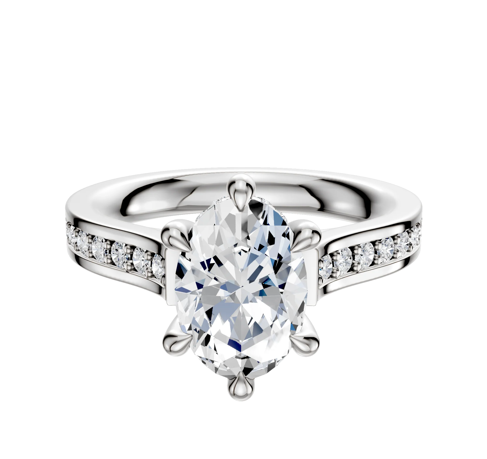 18K White Gold 6 Prong Hidden Halo Cathedral Flat 1-Row-Pave 2.5mm Engagement Ring