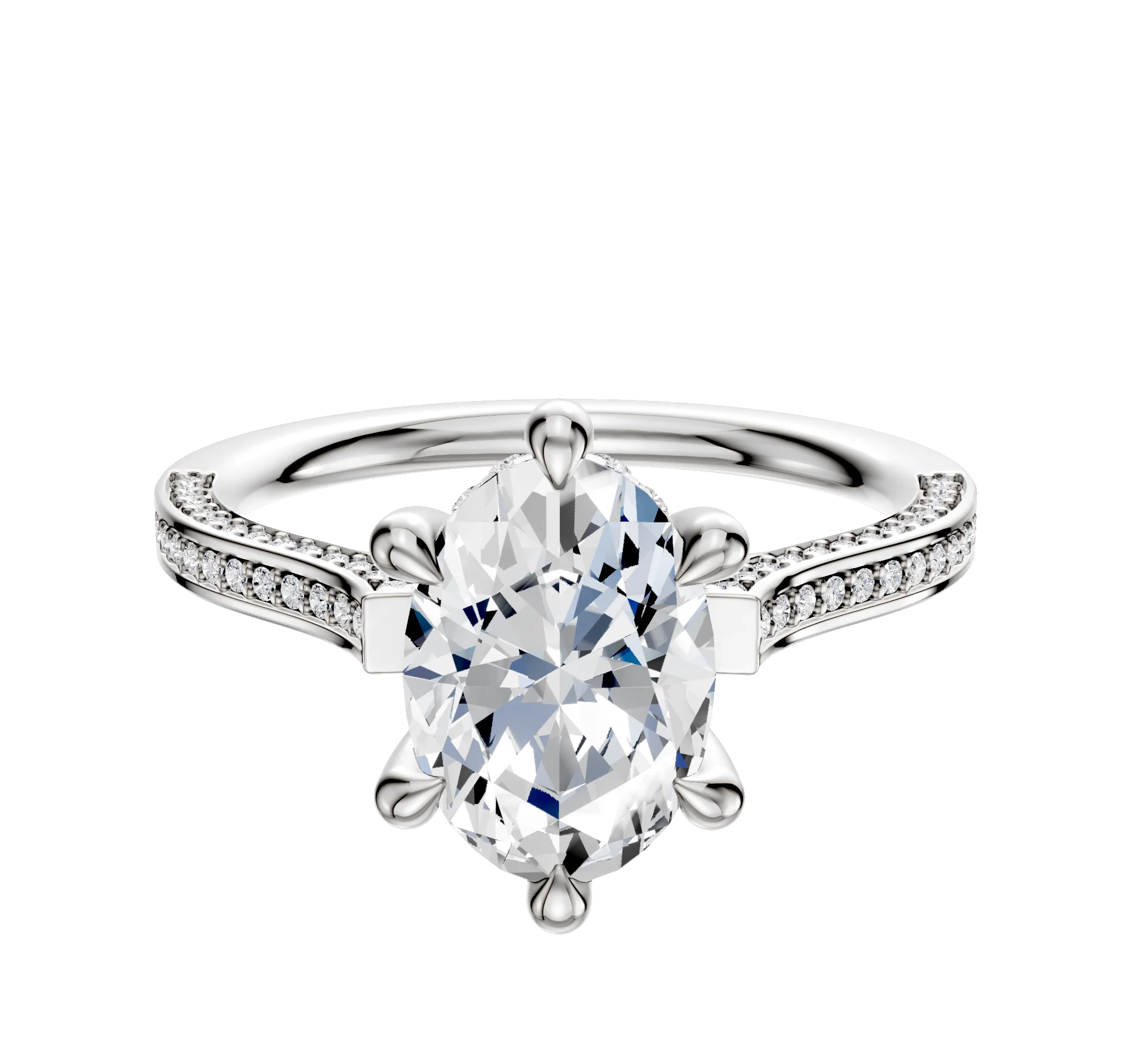18K White Gold 6 Prong Hidden Halo Cathedral Flat 3-Row-Pave 2.0mm Engagement Ring