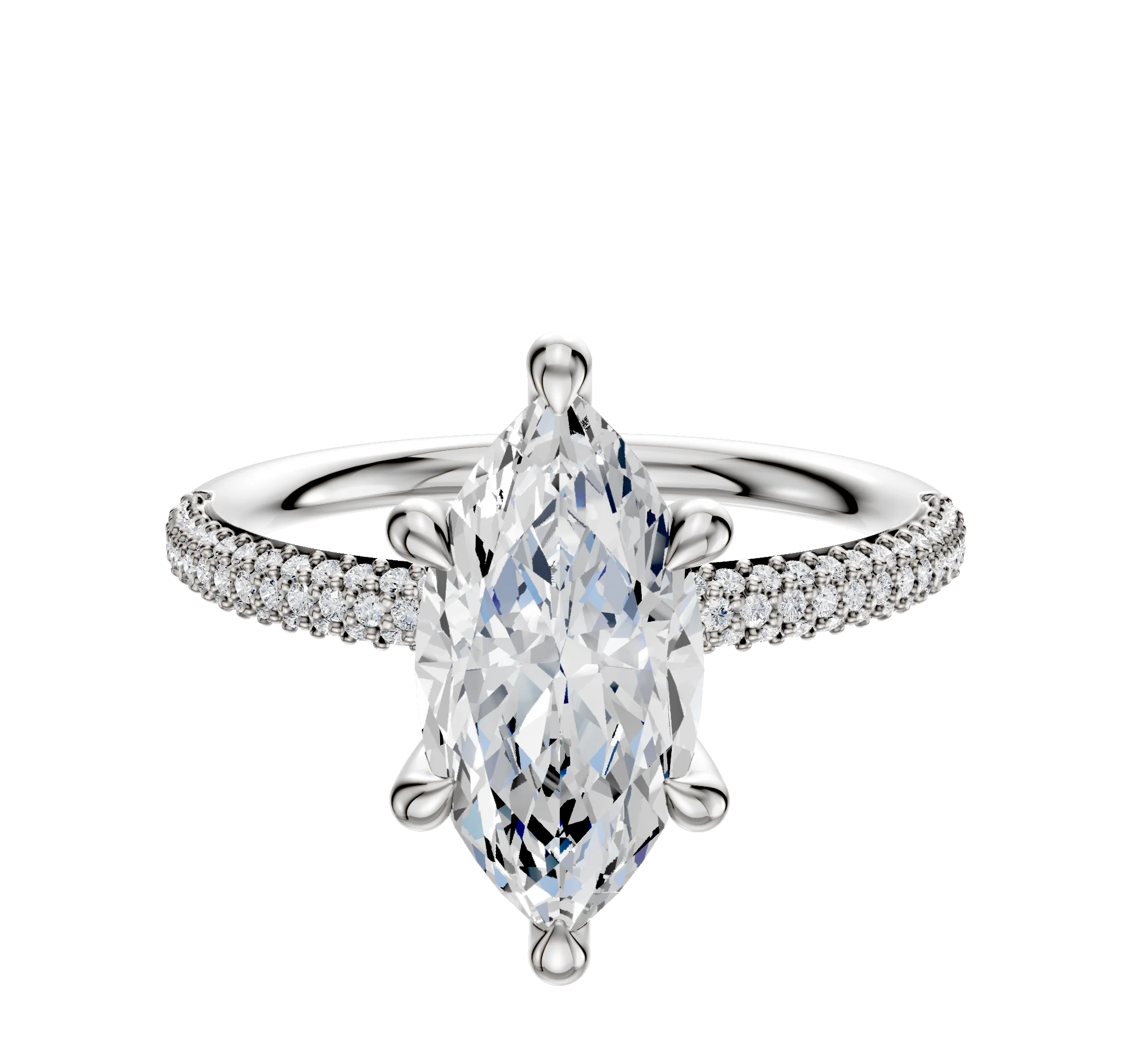 18K White Gold 6 Prong Hidden Halo Classic Dome 3-Row-Pave 2.0mm Engagement Ring