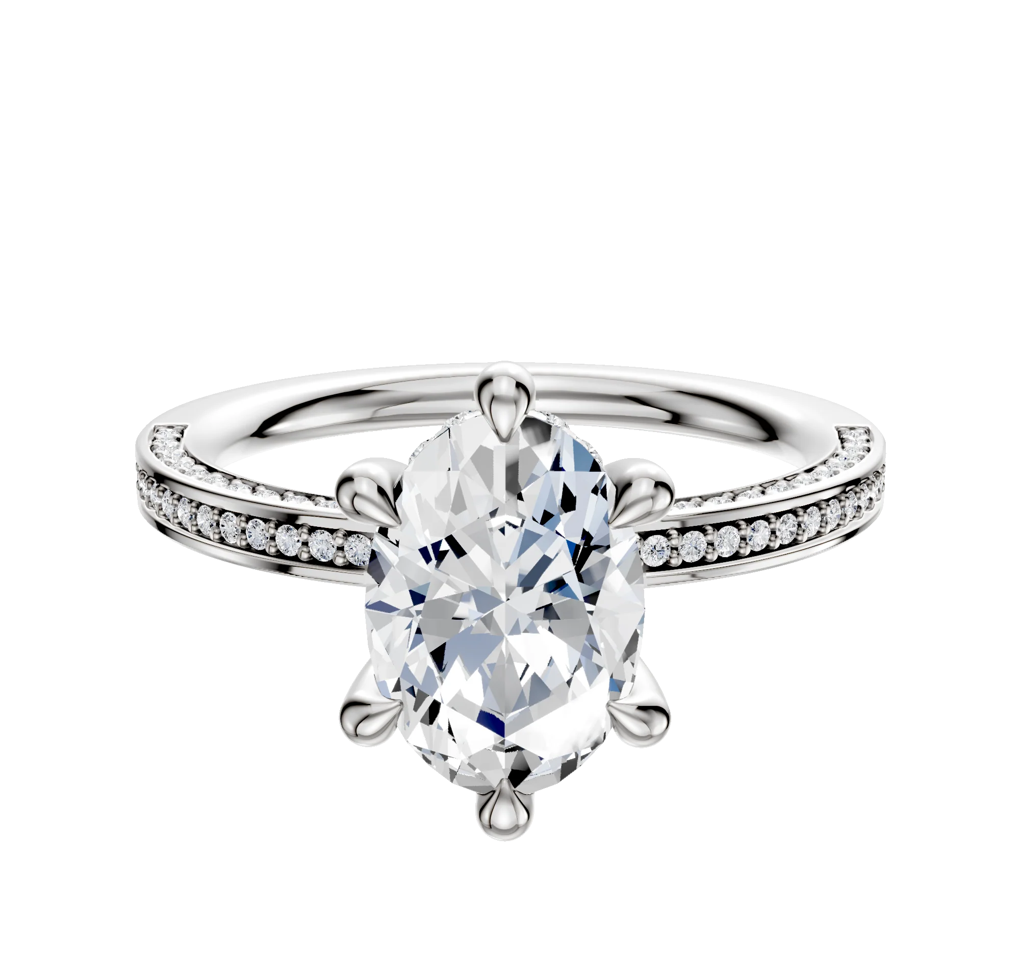 18K White Gold 6 Prong Hidden Halo Classic Flat 3-Row-Pave 2.0mm Engagement Ring