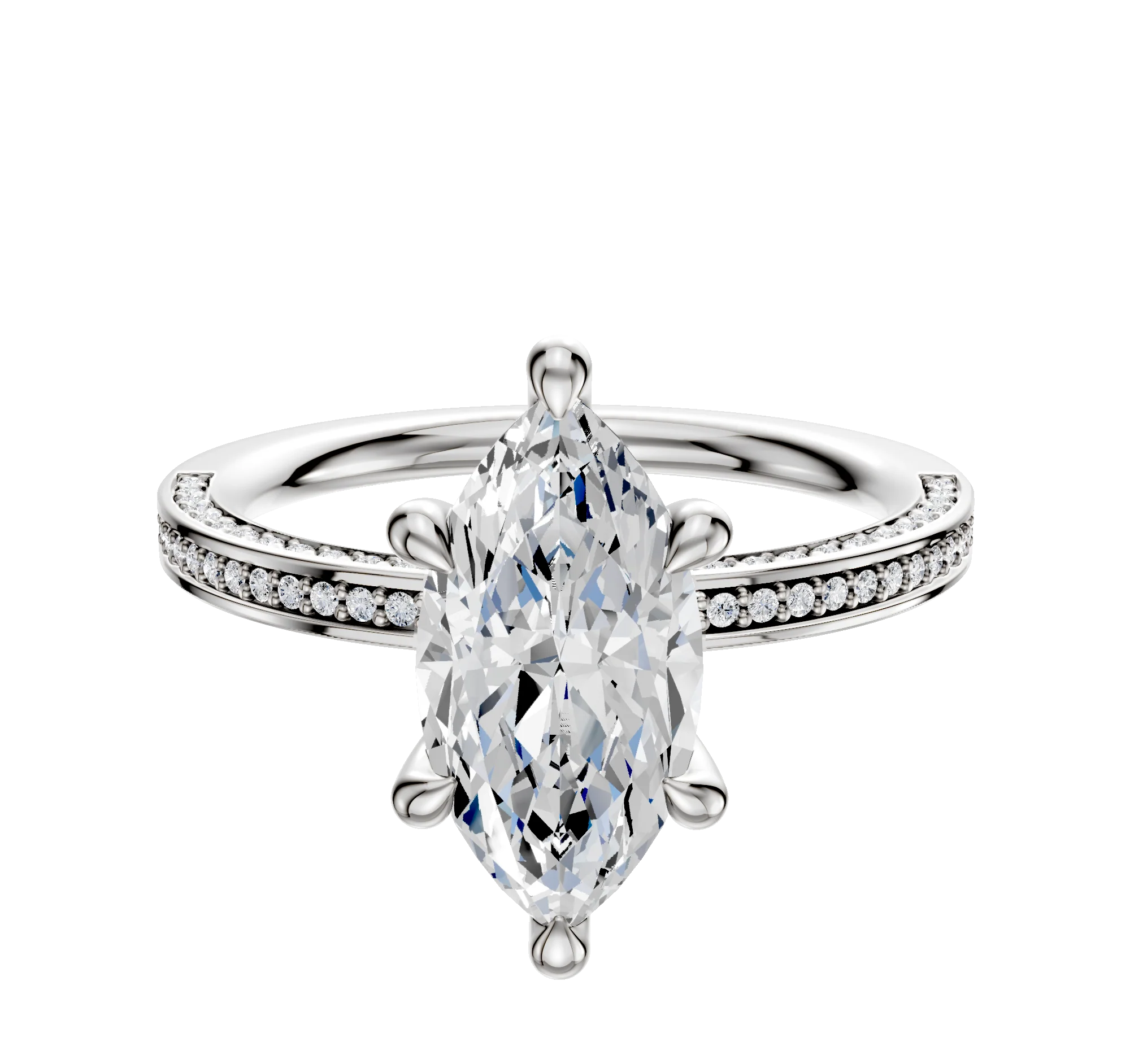 18K White Gold 6 Prong Hidden Halo Classic Flat 3-Row-Pave 2.0mm Engagement Ring