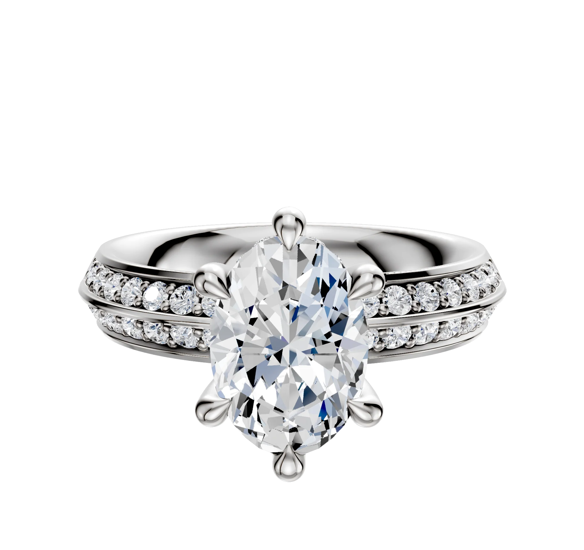 18K White Gold 6 Prong Hidden Halo Classic Knife Edge 1-Row-Pave 2.5mm Engagement Ring