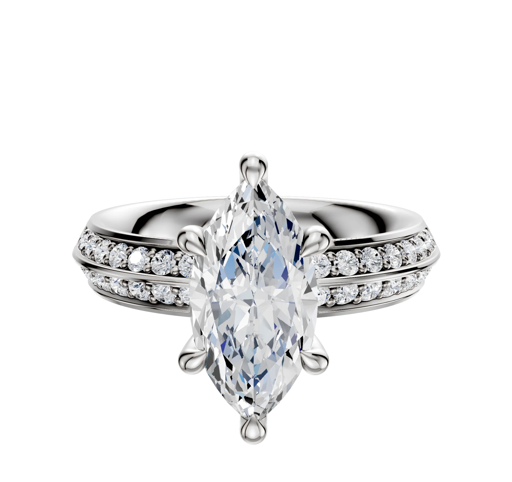 18K White Gold 6 Prong Hidden Halo Classic Knife Edge 1-Row-Pave 2.5mm Engagement Ring