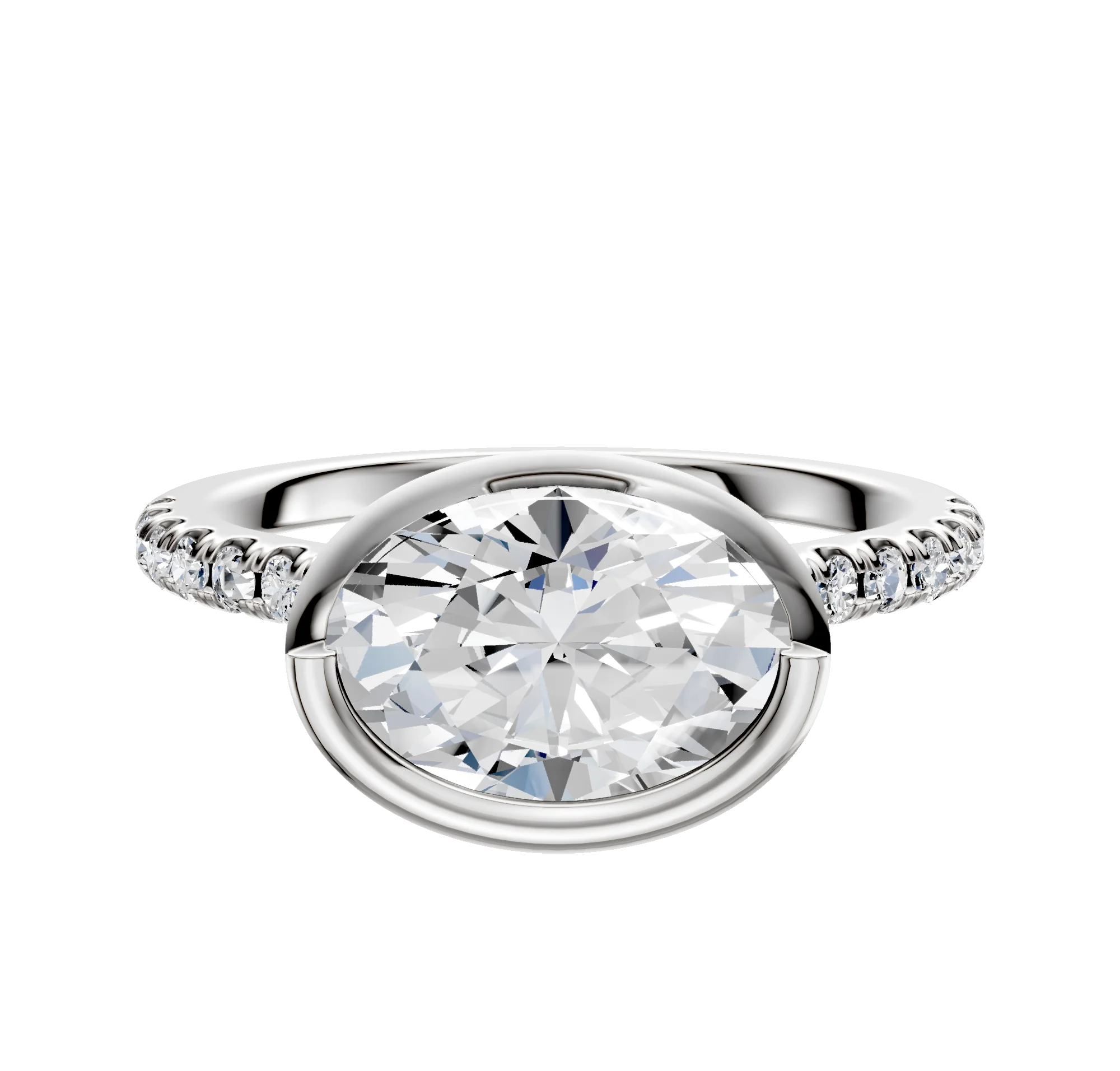 18K White Gold Bezel Full Bezel East/West Cathedral Dome 1-Row-Pave 2.5mm Engagement Ring
