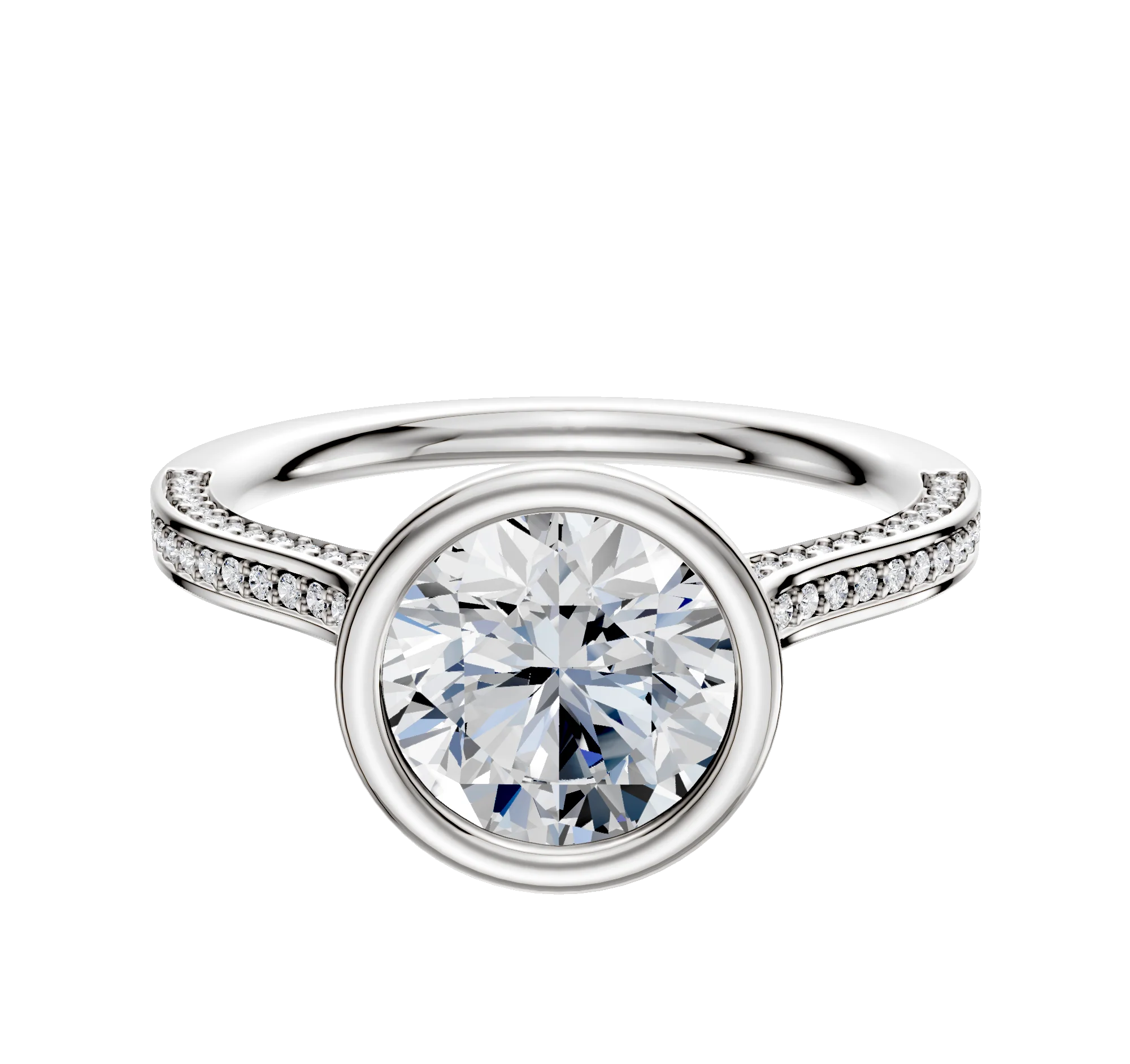 18K White Gold Bezel Full Bezel North/South Cathedral Flat 3-Row-Pave 2.0mm Engagement Ring