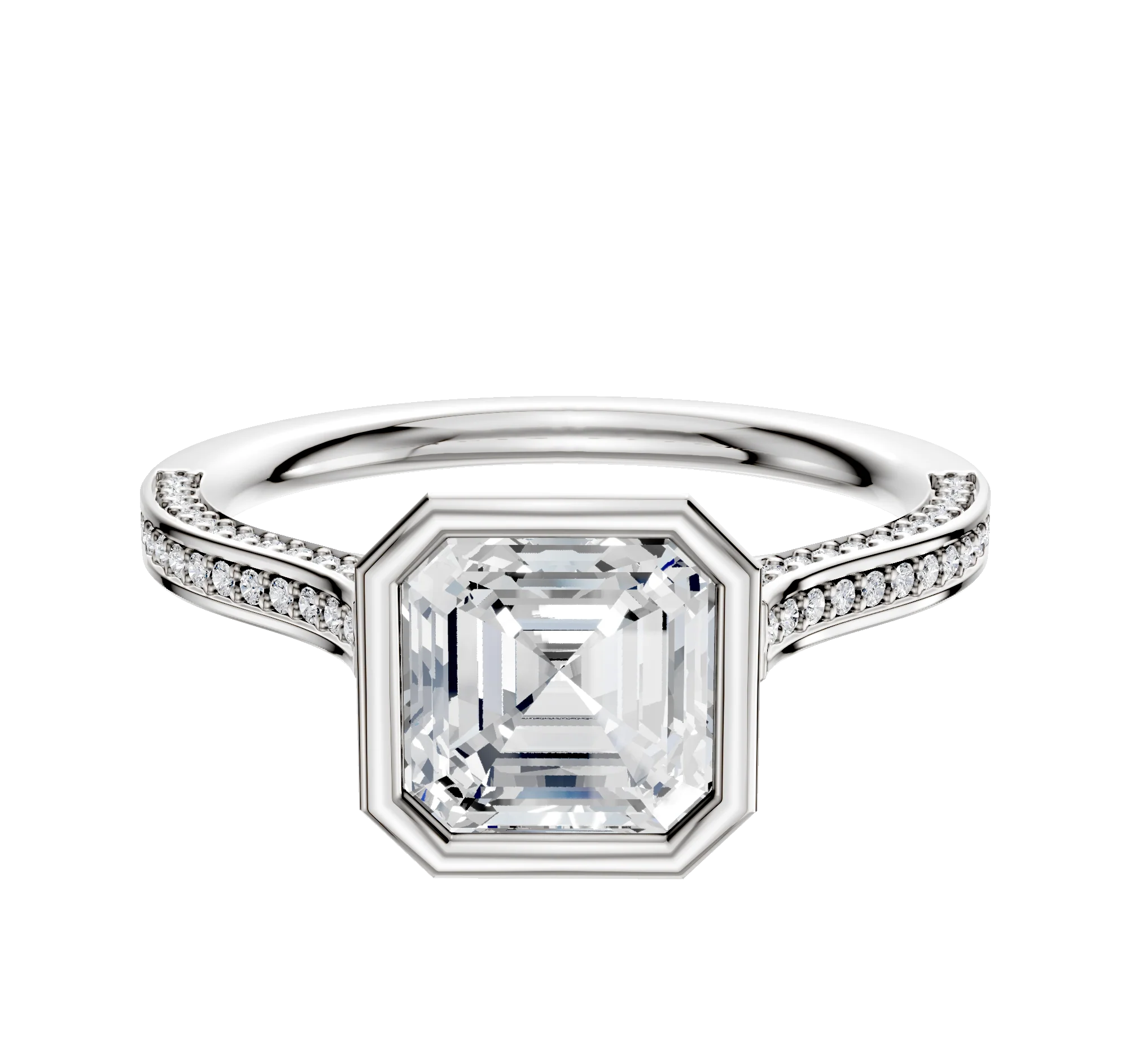 18K White Gold Bezel Full Bezel North/South Cathedral Flat 3-Row-Pave 2.0mm Engagement Ring