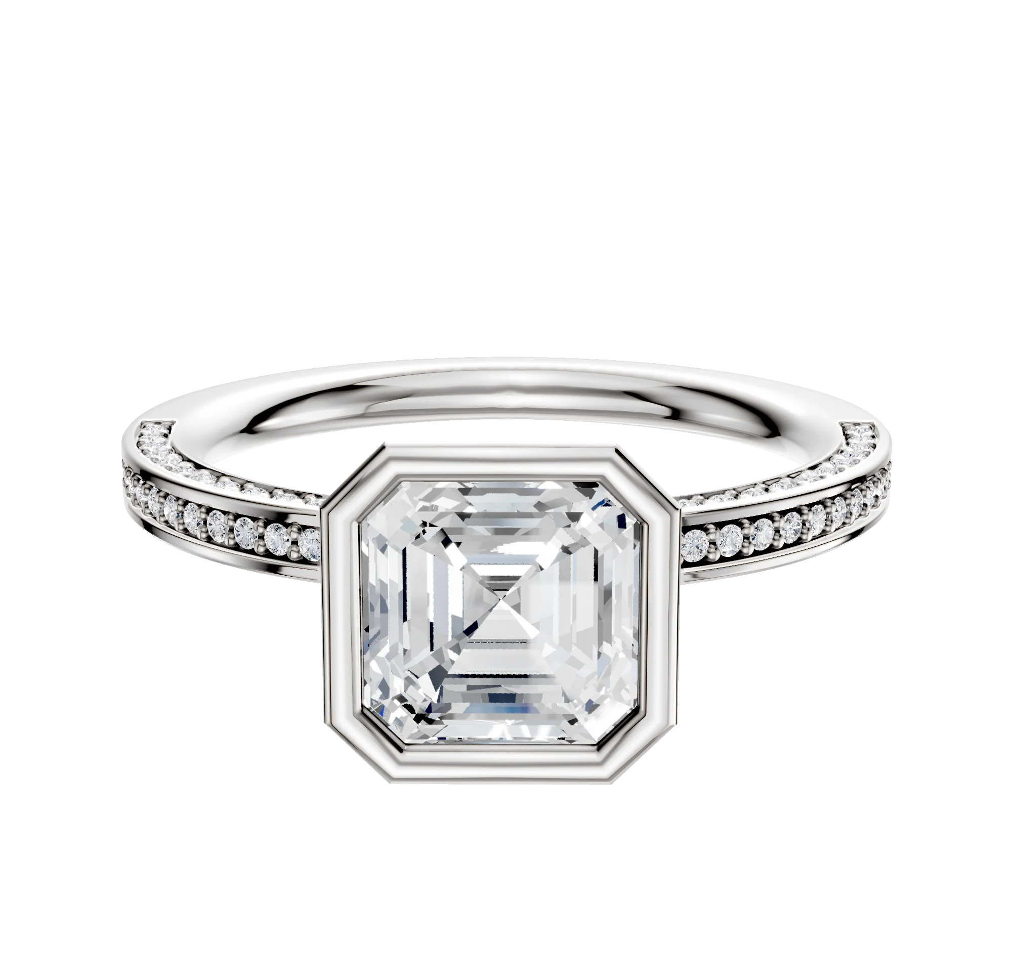 18K White Gold Bezel Full Bezel North/South Classic Flat 3-Row-Pave 2.0mm Engagement Ring