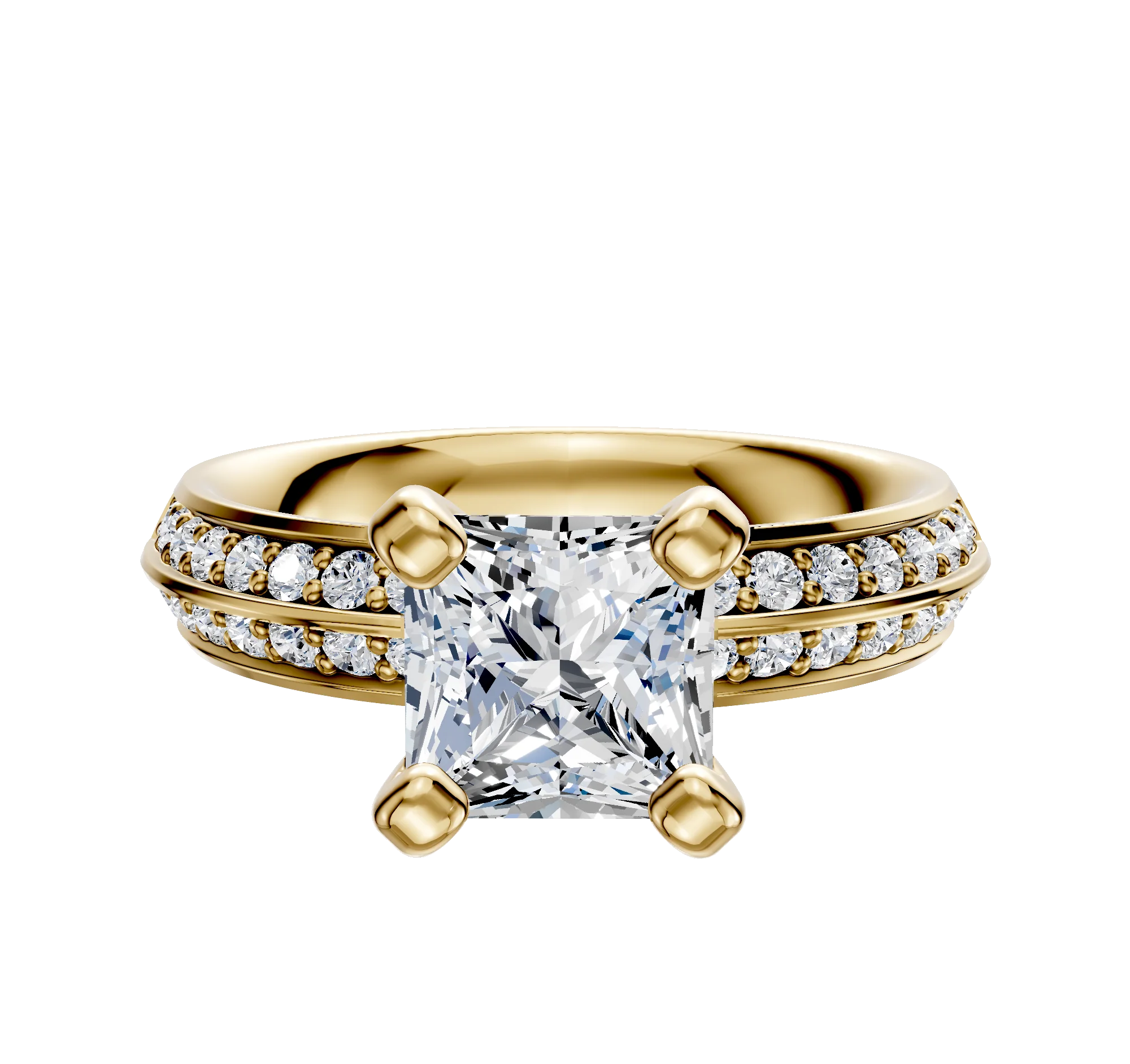 18K Yellow Gold 4 Prong Classic Knife Edge 1-Row-Pave 2.5mm Engagement Ring