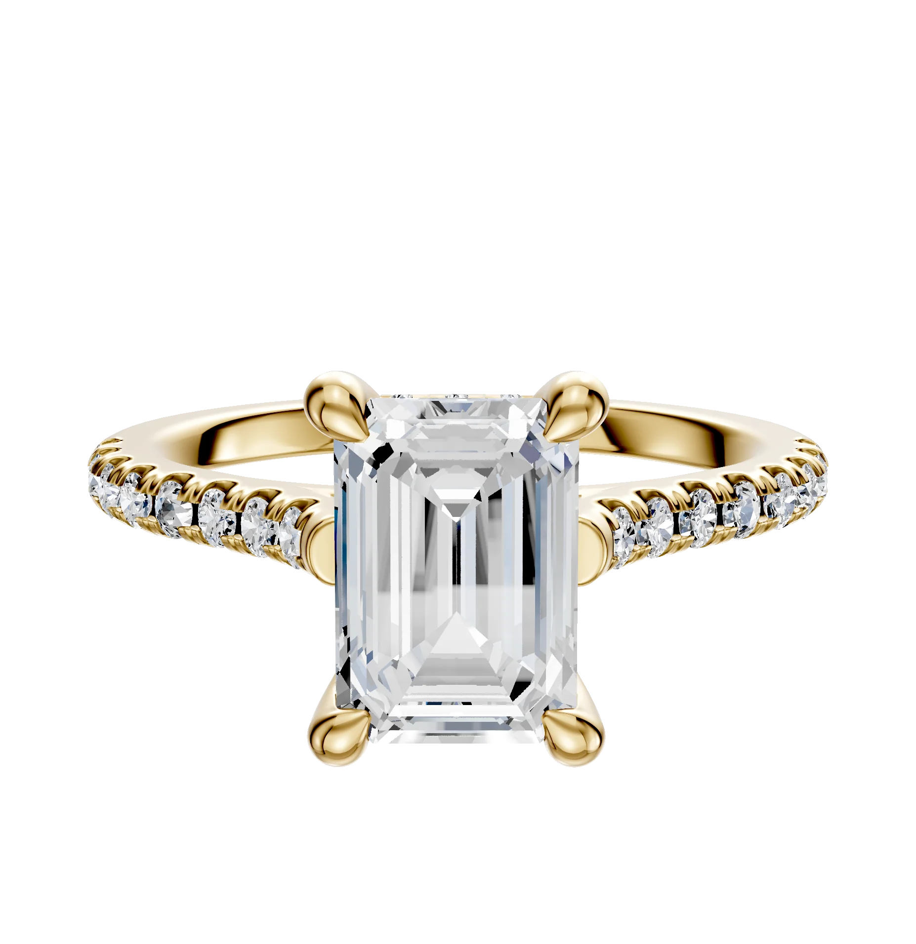 18K Yellow Gold 4 Prong Hidden Halo Cathedral Dome 1-Row-Pave 2.5mm Engagement Ring