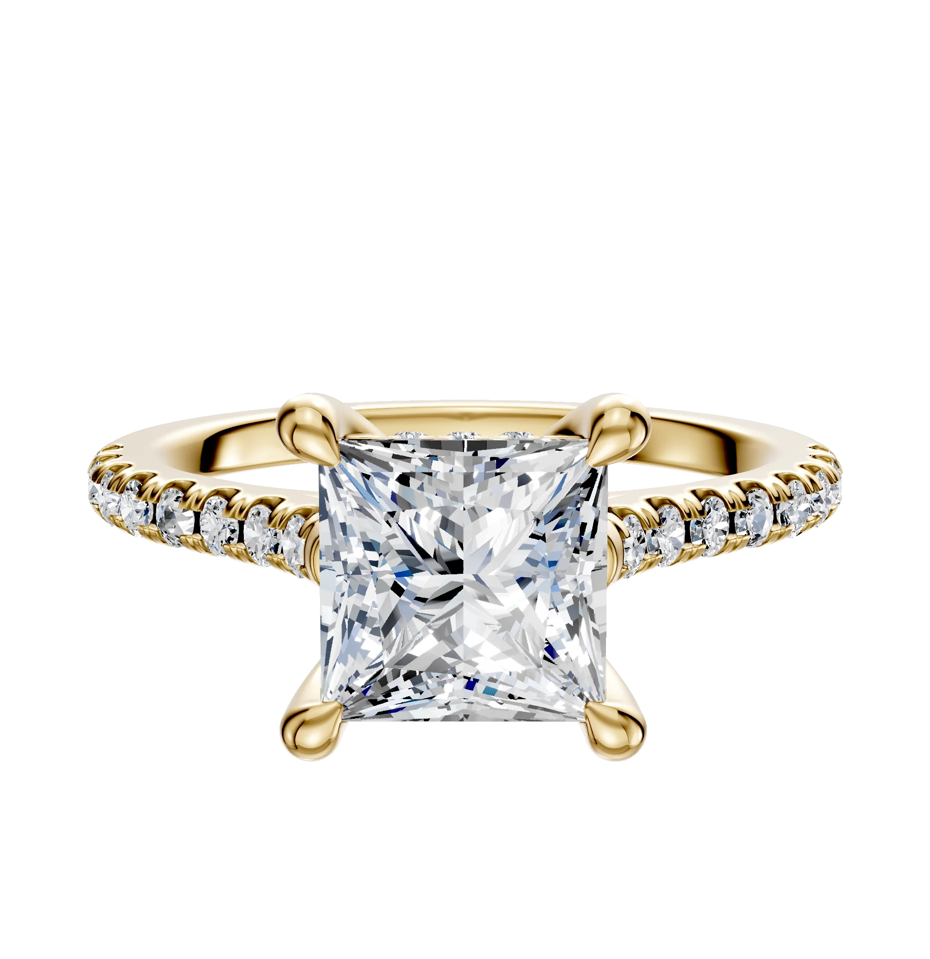 18K Yellow Gold 4 Prong Hidden Halo Cathedral Dome 1-Row-Pave 2.5mm Engagement Ring