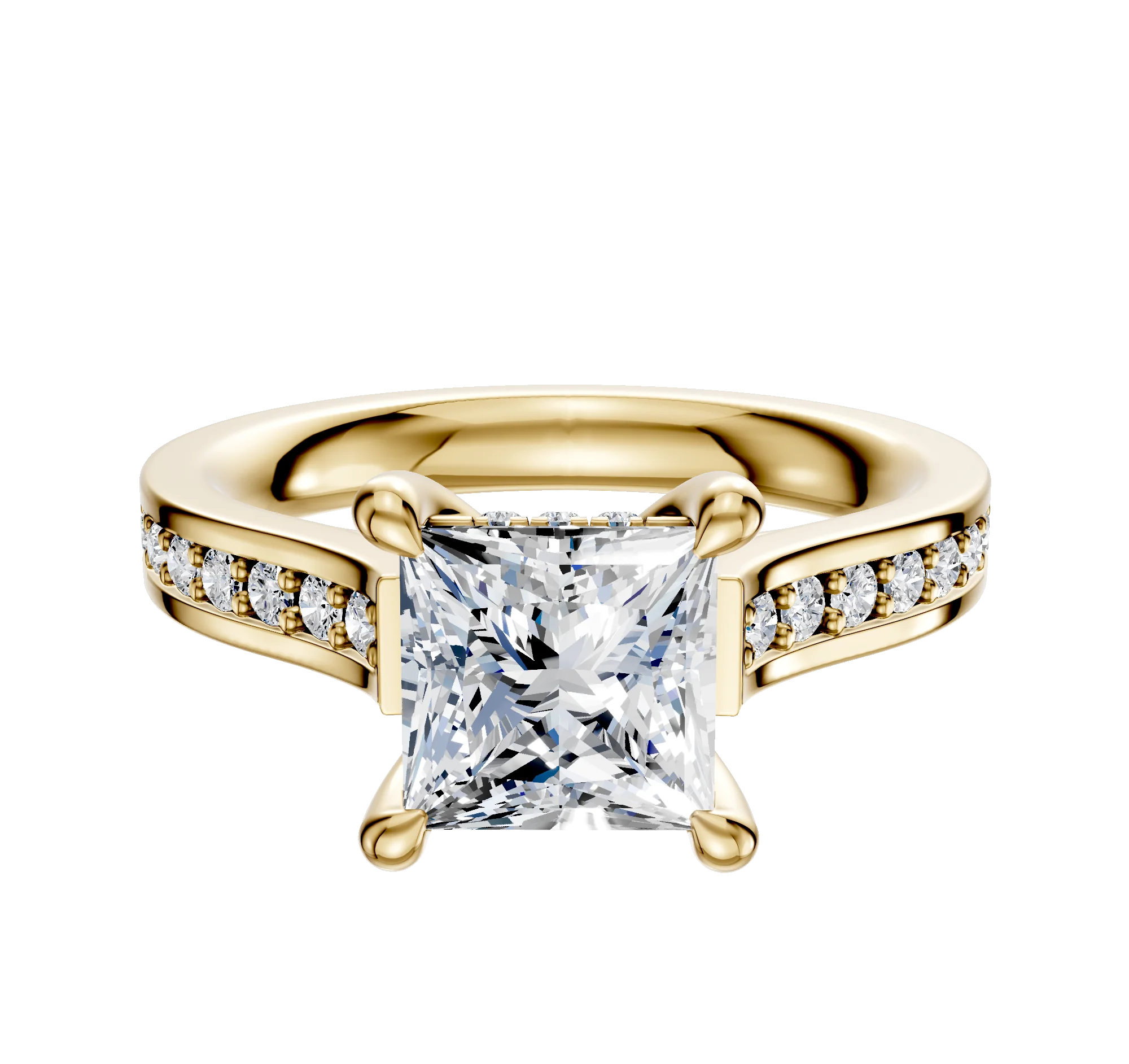 18K Yellow Gold 4 Prong Hidden Halo Cathedral Flat 1-Row-Pave 2.5mm Engagement Ring