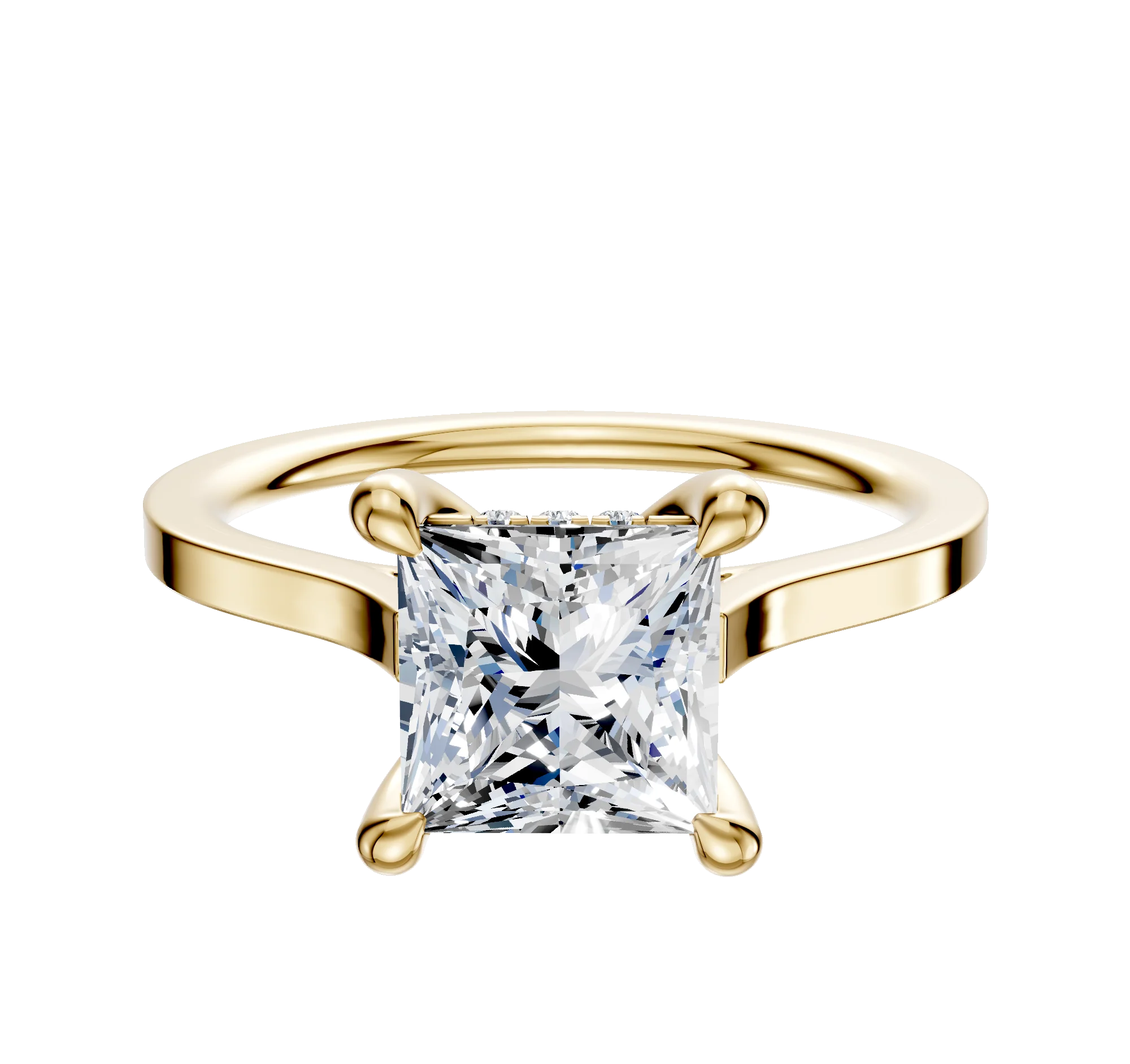 18K Yellow Gold 4 Prong Hidden Halo Cathedral Flat 1.5mm Engagement Ring