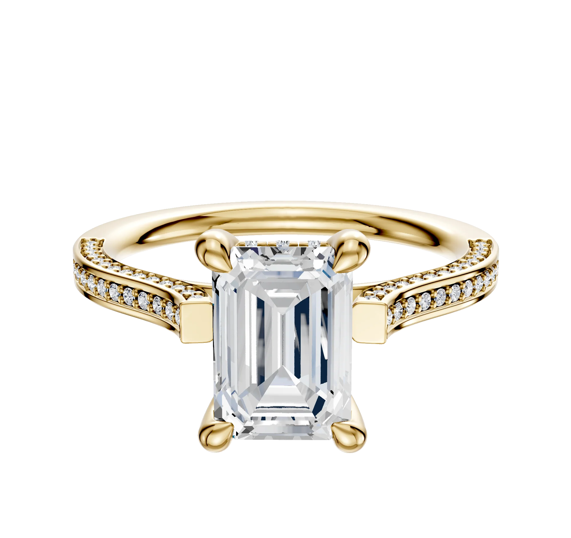 18K Yellow Gold 4 Prong Hidden Halo Cathedral Flat 3-Row-Pave 2.0mm Engagement Ring