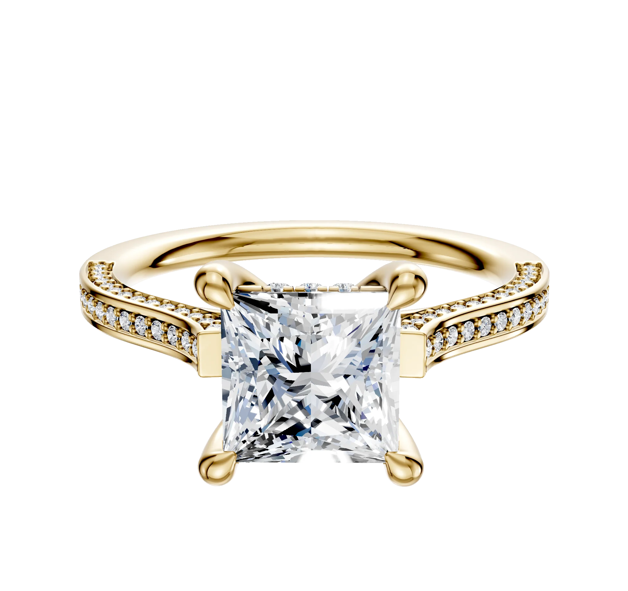 18K Yellow Gold 4 Prong Hidden Halo Cathedral Flat 3-Row-Pave 2.0mm Engagement Ring