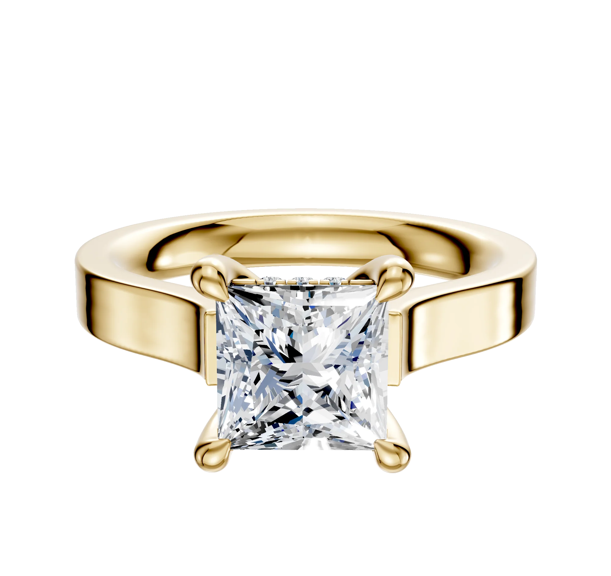 18K Yellow Gold 4 Prong Hidden Halo Cathedral Flat 3.0mm Engagement Ring