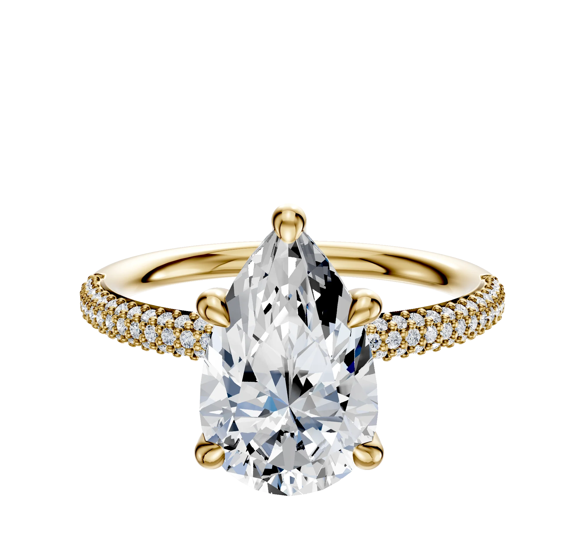 18K Yellow Gold 4 Prong Hidden Halo Classic Dome 3-Row-Pave 2.0mm Engagement Ring