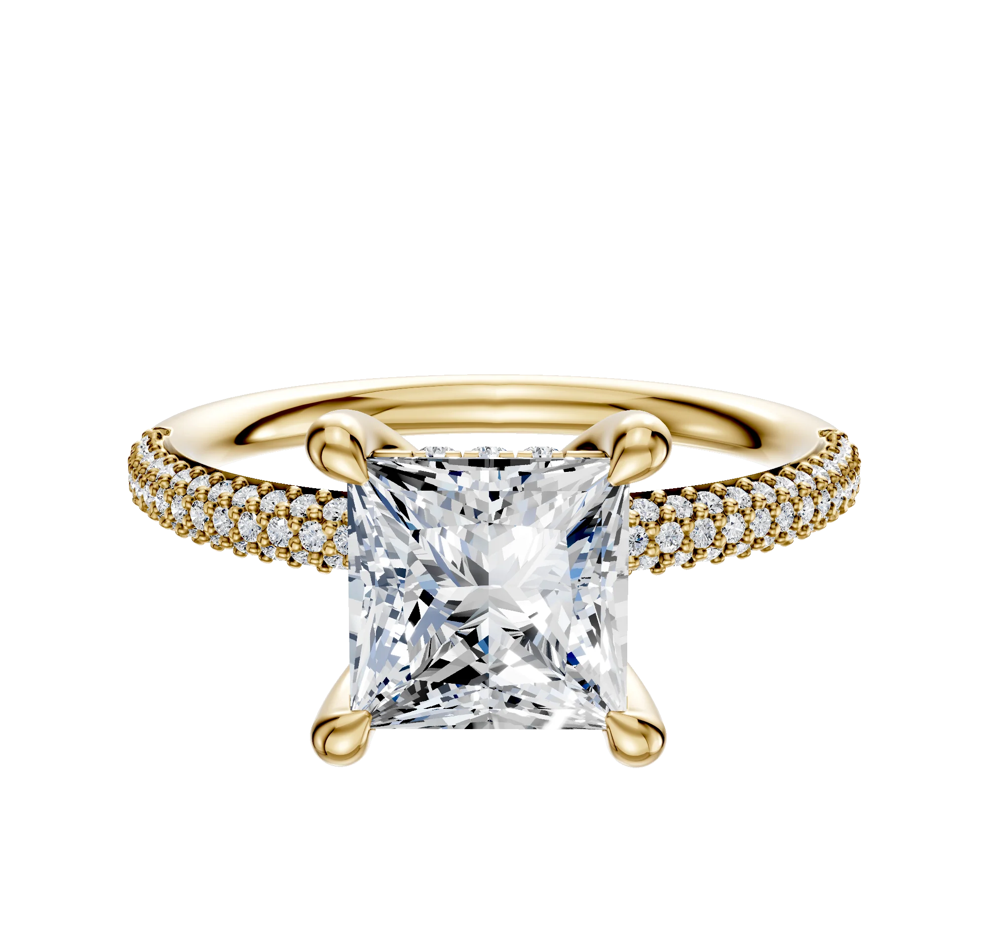 18K Yellow Gold 4 Prong Hidden Halo Classic Dome 3-Row-Pave 2.0mm Engagement Ring