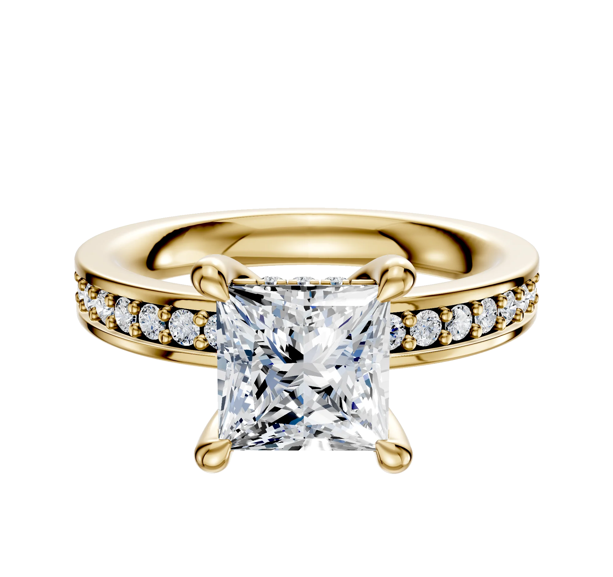 18K Yellow Gold 4 Prong Hidden Halo Classic Flat 1-Row-Pave 2.5mm Engagement Ring