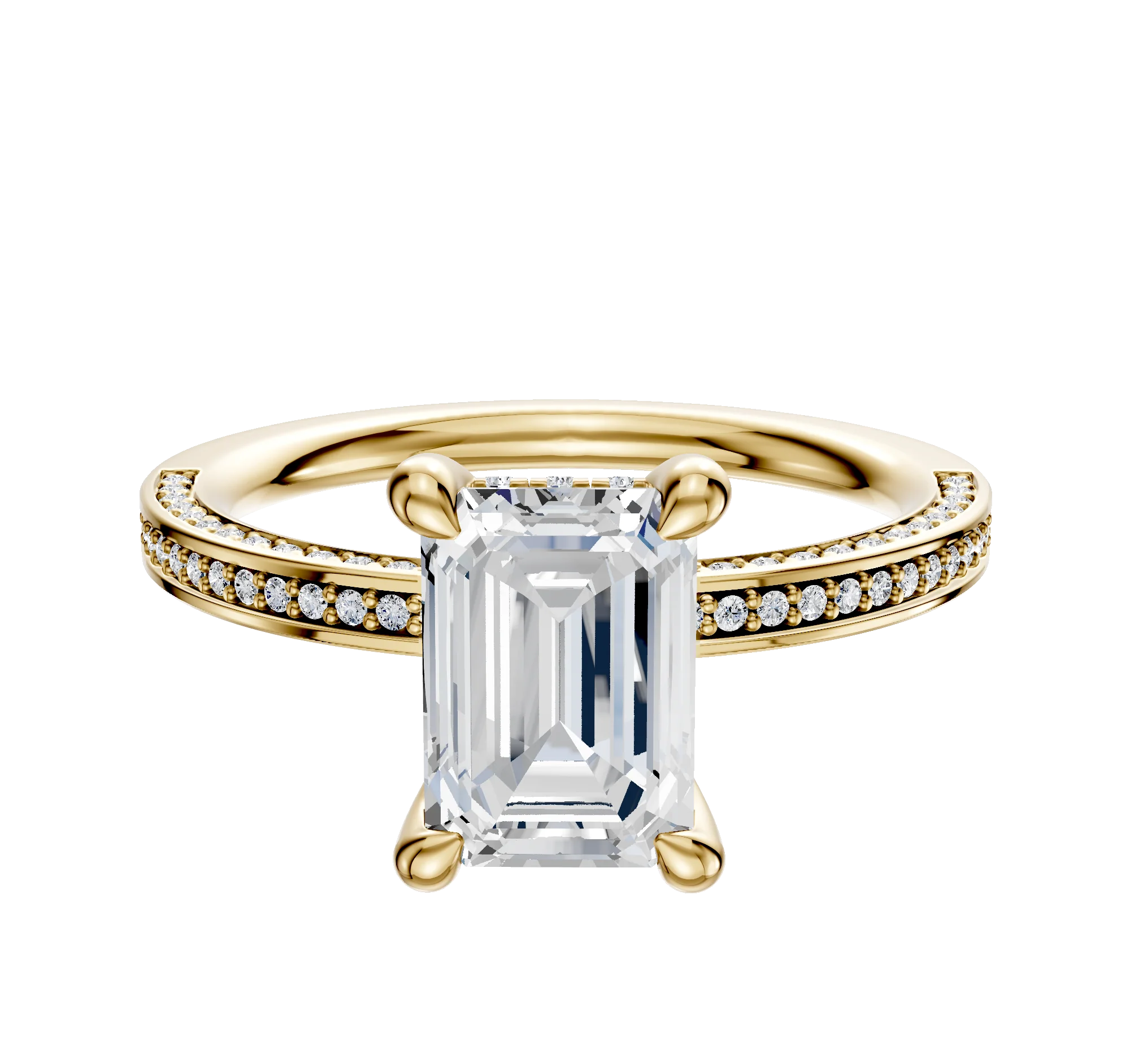 18K Yellow Gold 4 Prong Hidden Halo Classic Flat 3-Row-Pave 2.0mm Engagement Ring