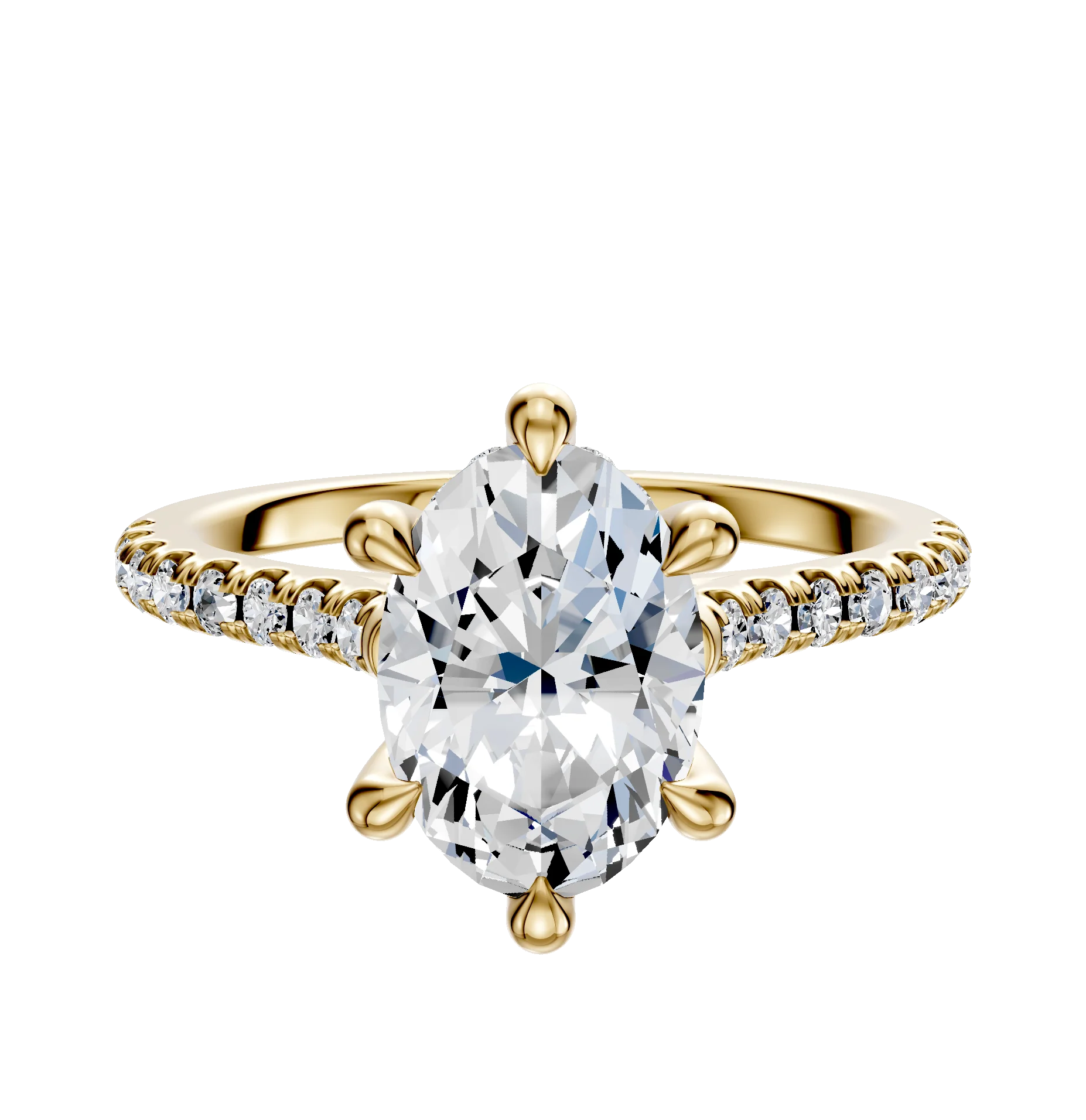 18K Yellow Gold 6 Prong Hidden Halo Cathedral Dome 1-Row-Pave 2.5mm Engagement Ring