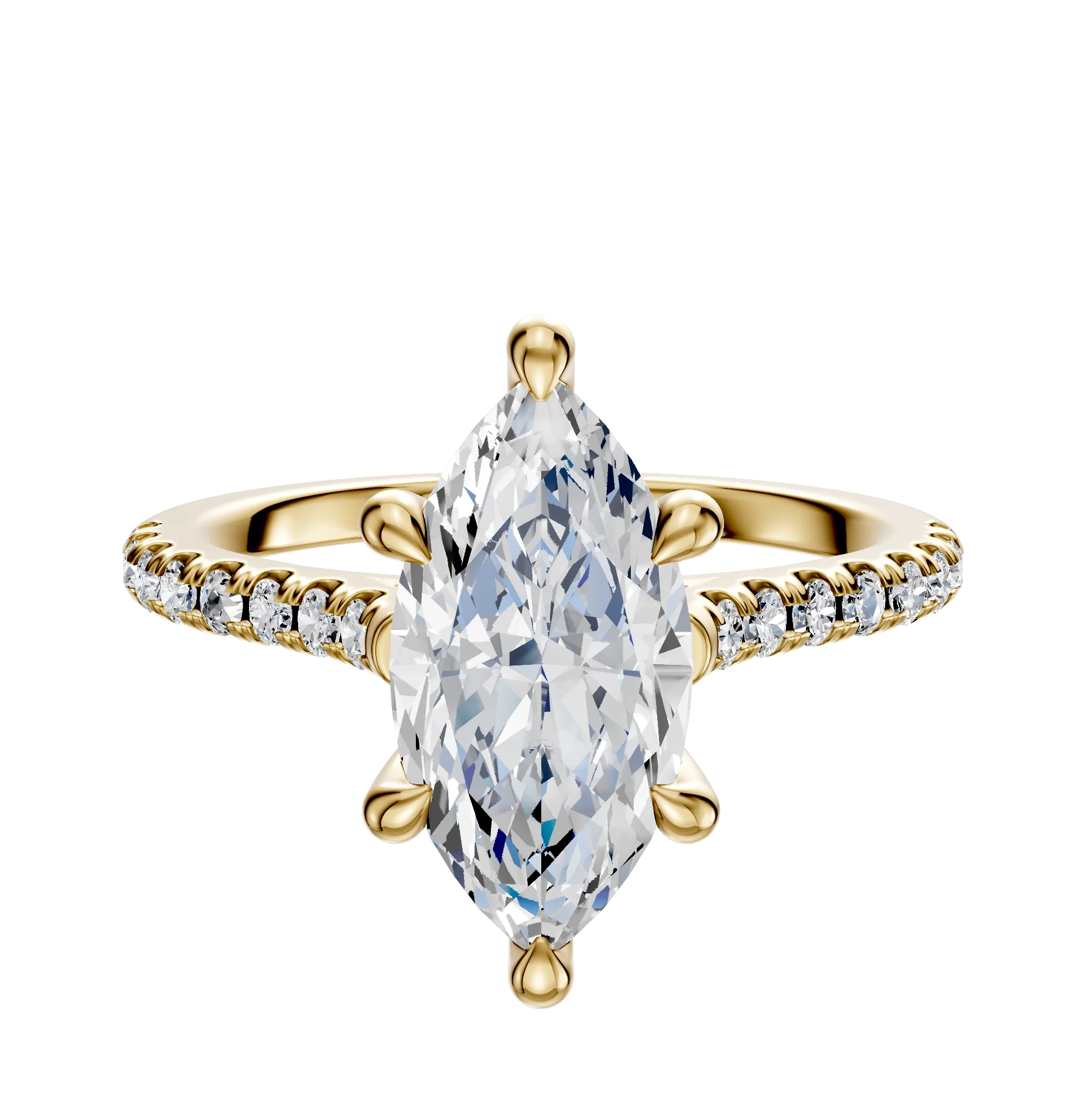 18K Yellow Gold 6 Prong Hidden Halo Cathedral Dome 1-Row-Pave 2.5mm Engagement Ring