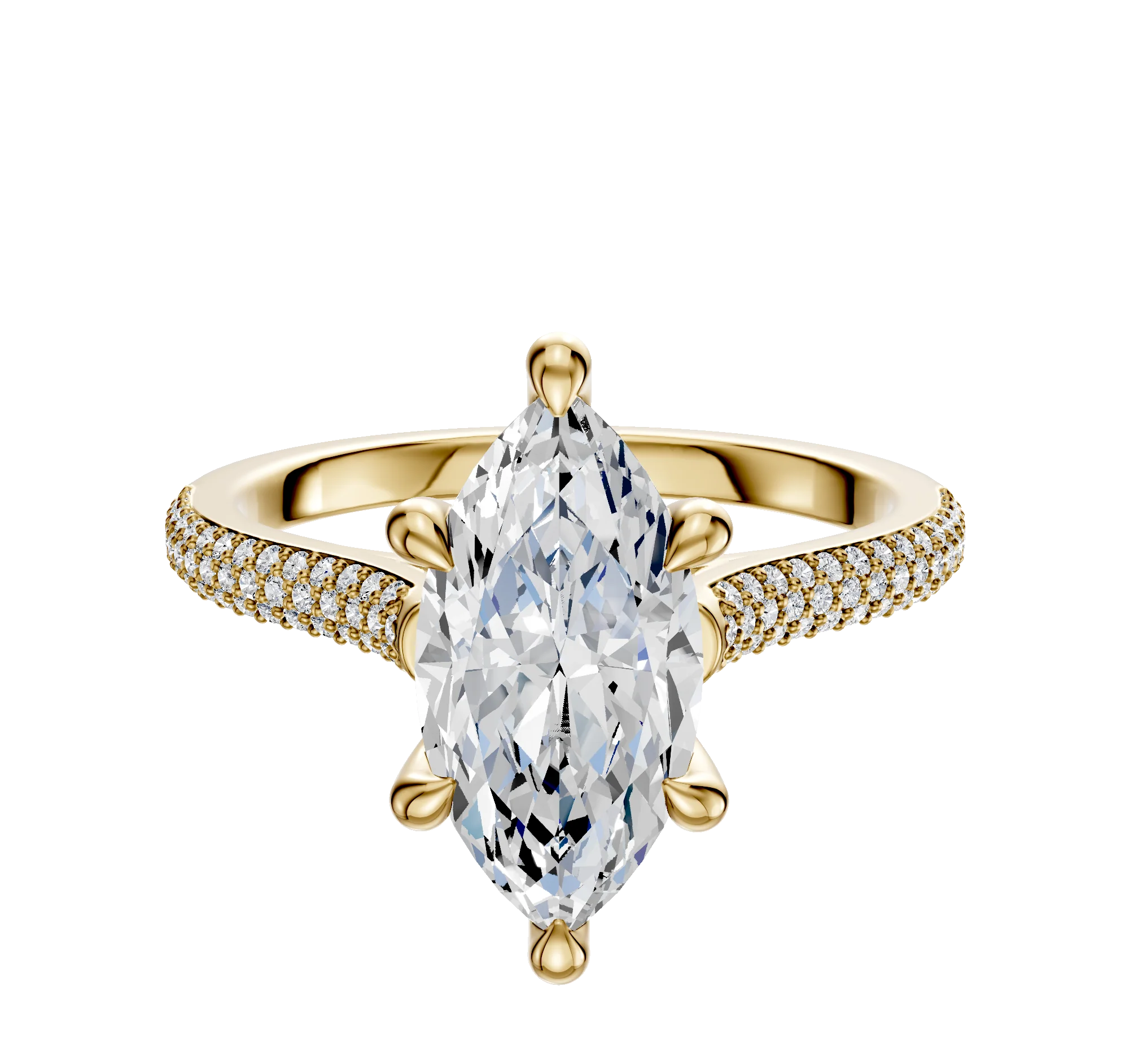 18K Yellow Gold 6 Prong Hidden Halo Cathedral Dome 3-Row-Pave 2.0mm Engagement Ring