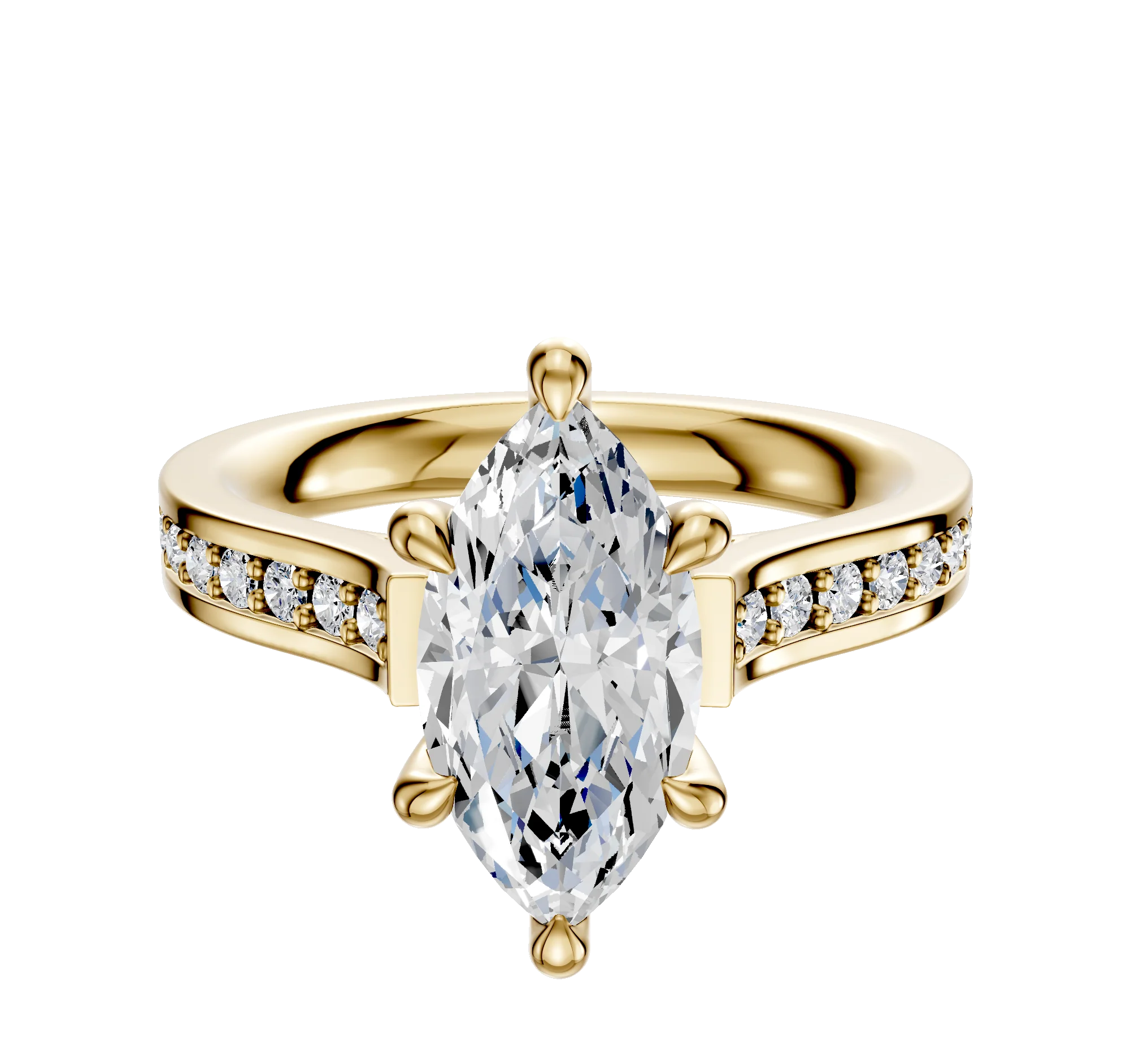 18K Yellow Gold 6 Prong Hidden Halo Cathedral Flat 1-Row-Pave 2.5mm Engagement Ring