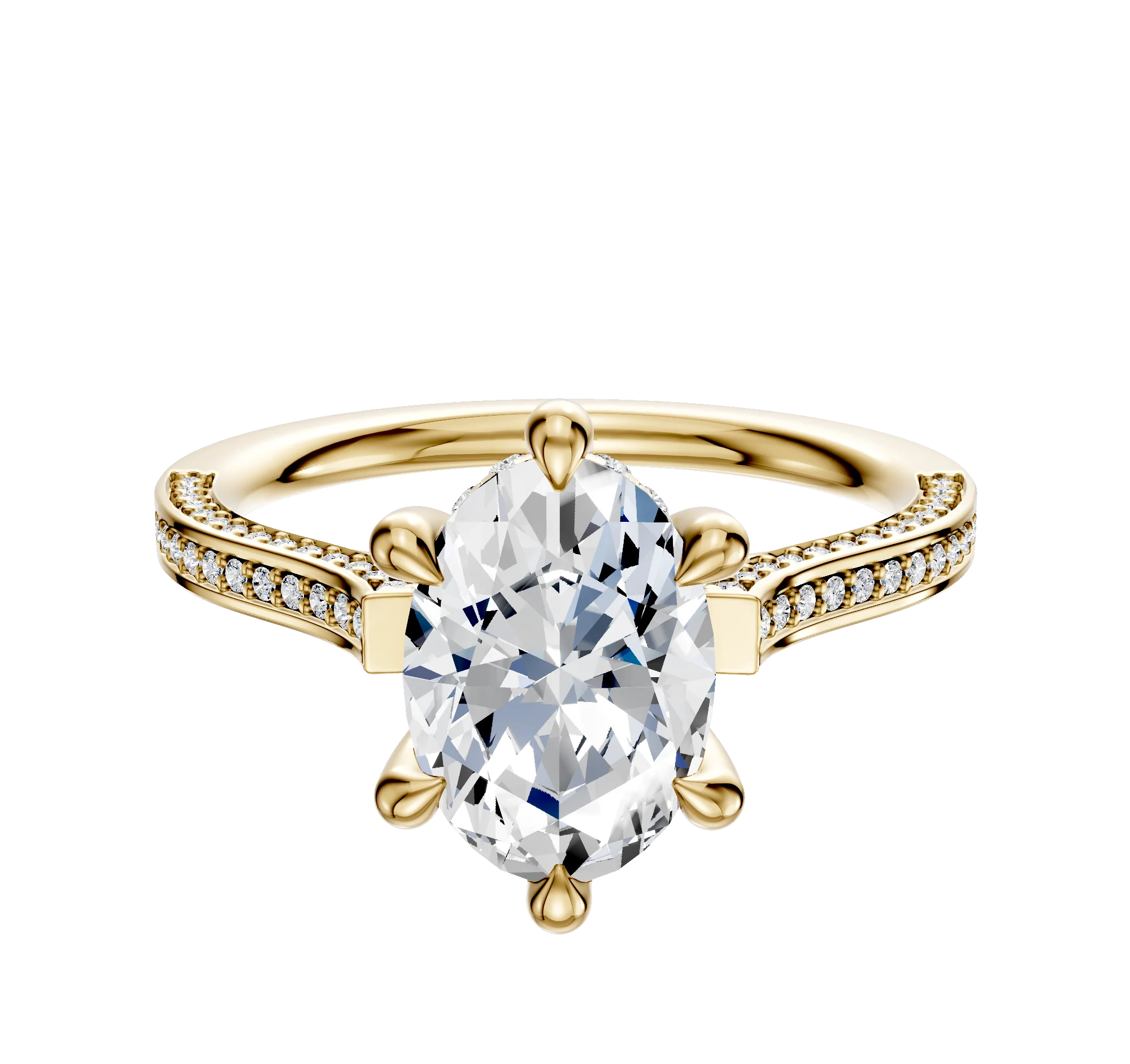 18K Yellow Gold 6 Prong Hidden Halo Cathedral Flat 3-Row-Pave 2.0mm Engagement Ring