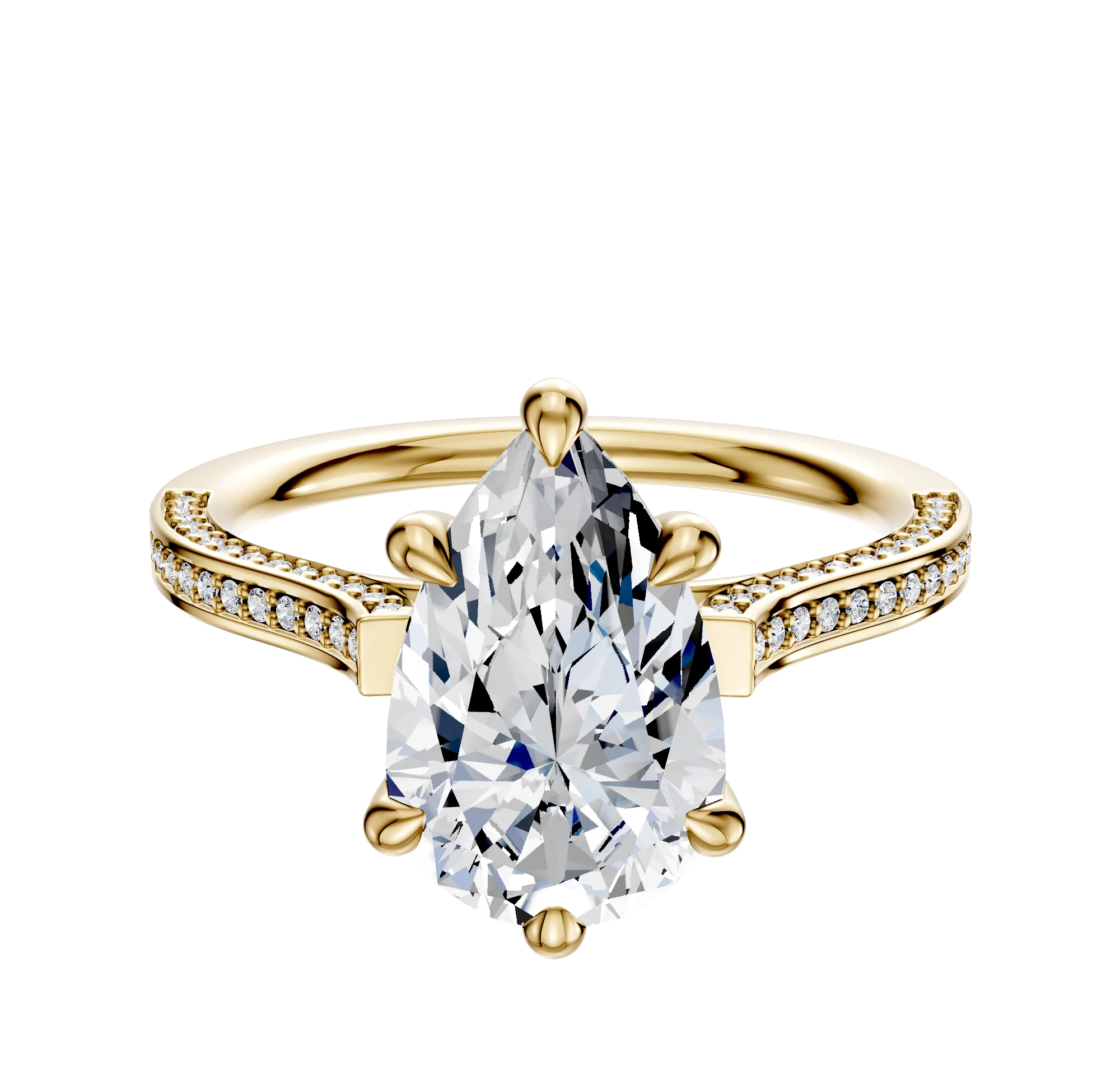 18K Yellow Gold 6 Prong Hidden Halo Cathedral Flat 3-Row-Pave 2.0mm Engagement Ring