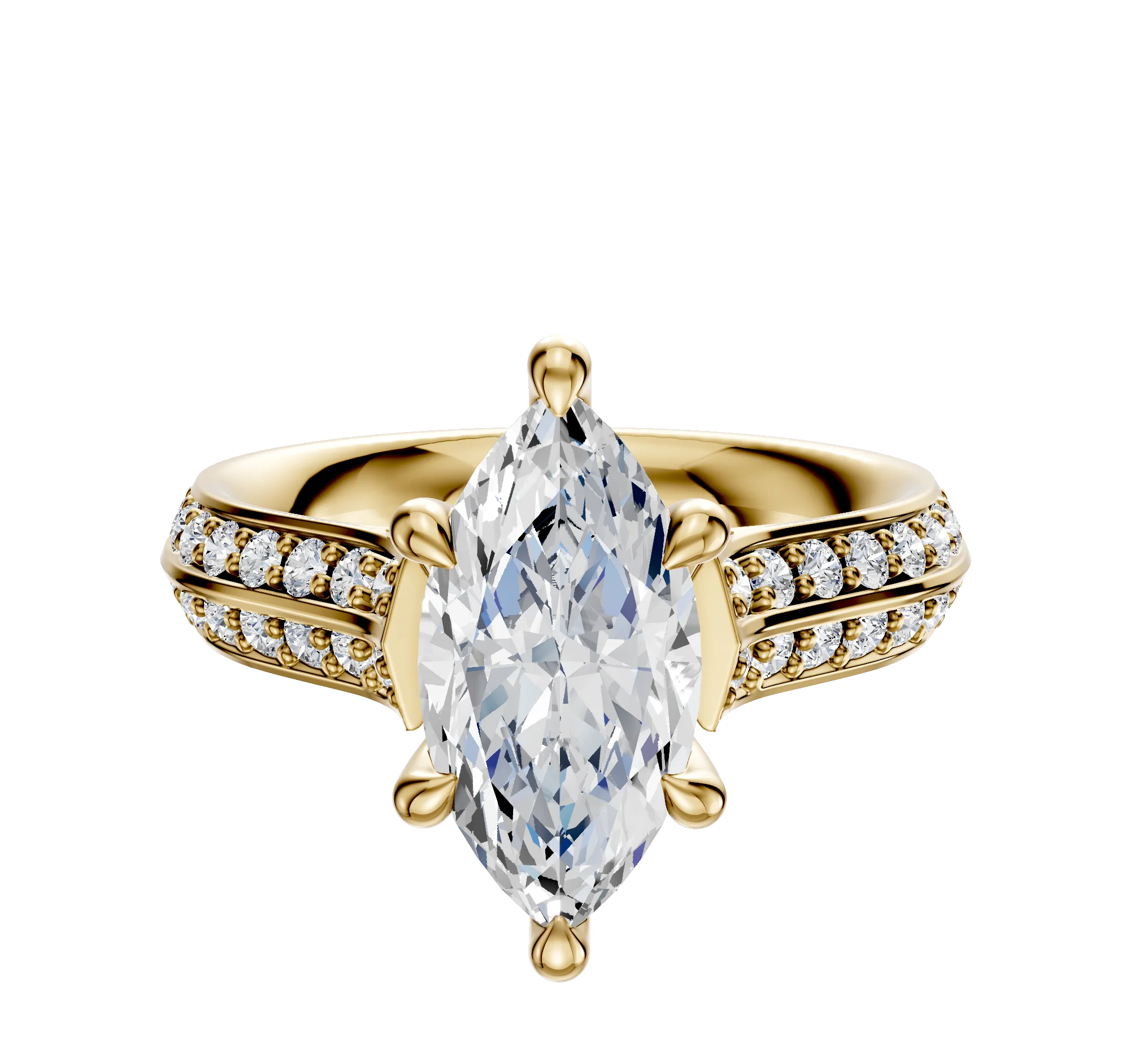 18K Yellow Gold 6 Prong Hidden Halo Cathedral Knife Edge 1-Row-Pave 2.5mm Engagement Ring