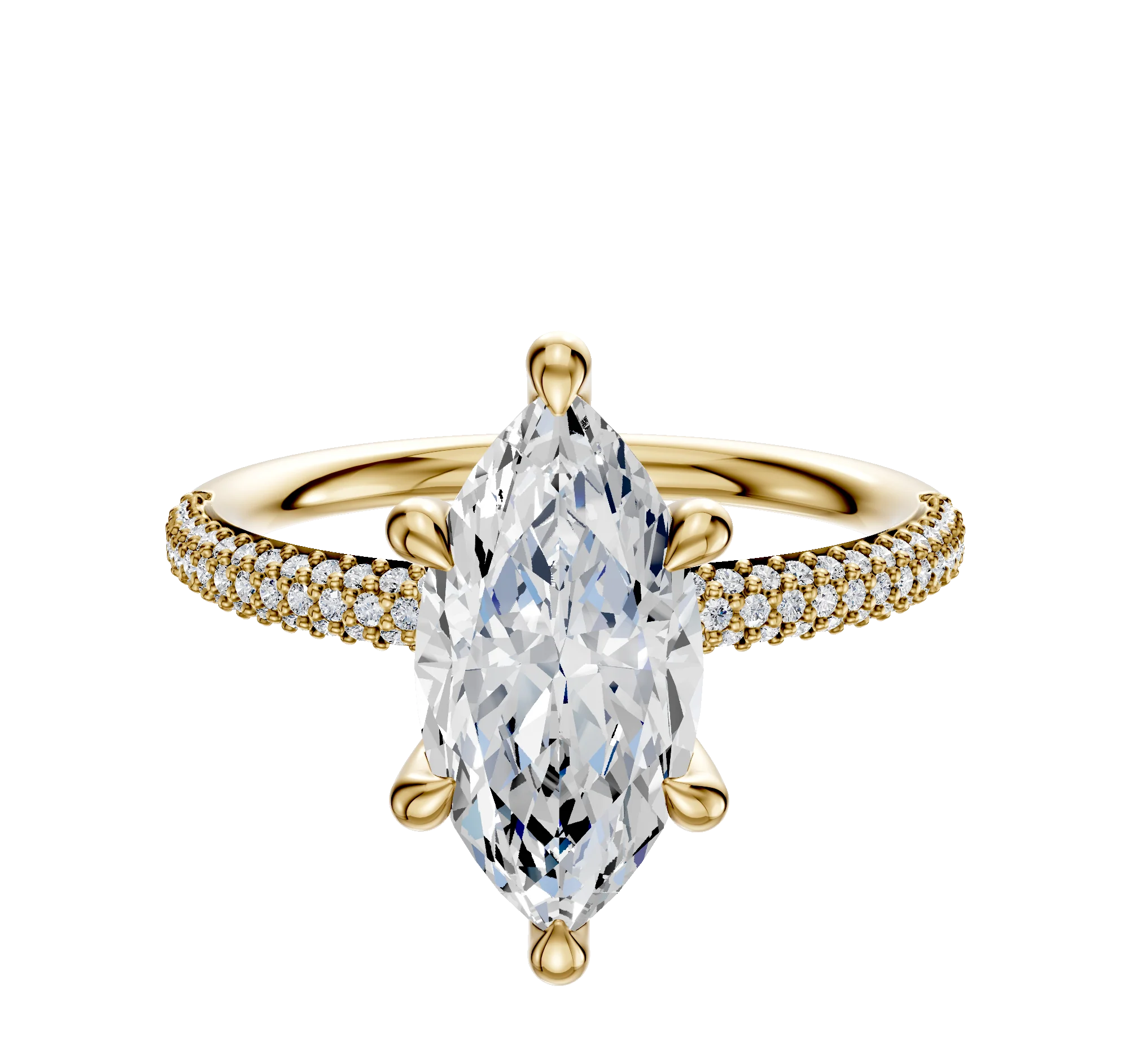 18K Yellow Gold 6 Prong Hidden Halo Classic Dome 3-Row-Pave 2.0mm Engagement Ring